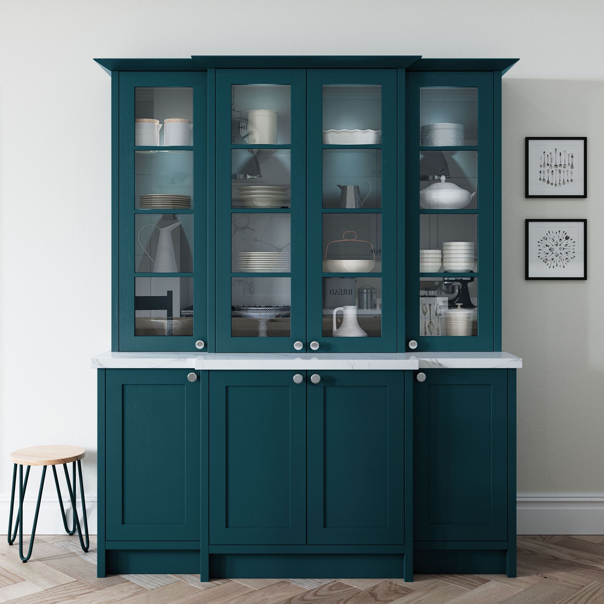 Teal glass-front cabinet with dishes and decor in a light, modern room