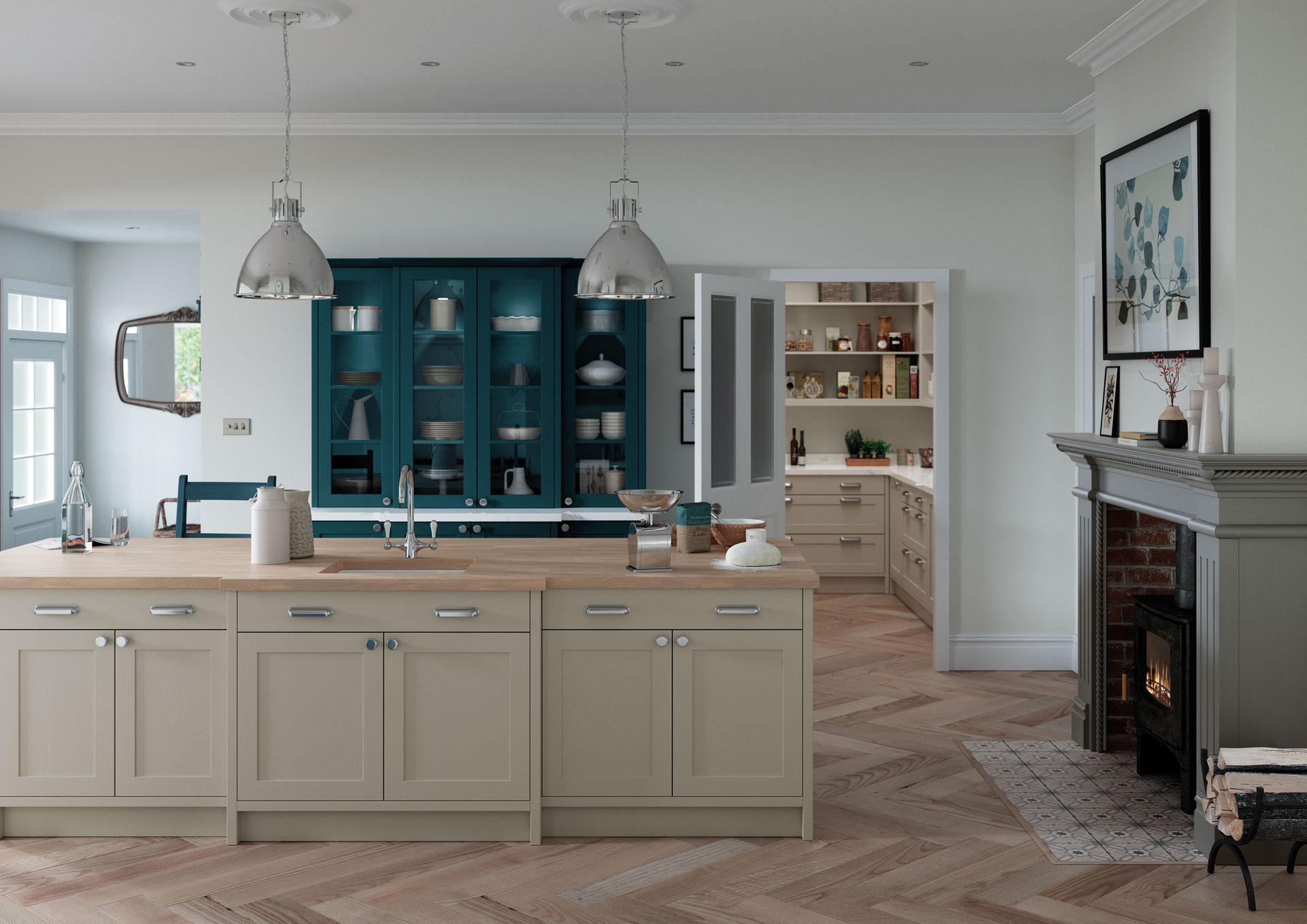 Bright modern kitchen with cream island, teal cabinets, pendant lights, and fireplace mantel on the right