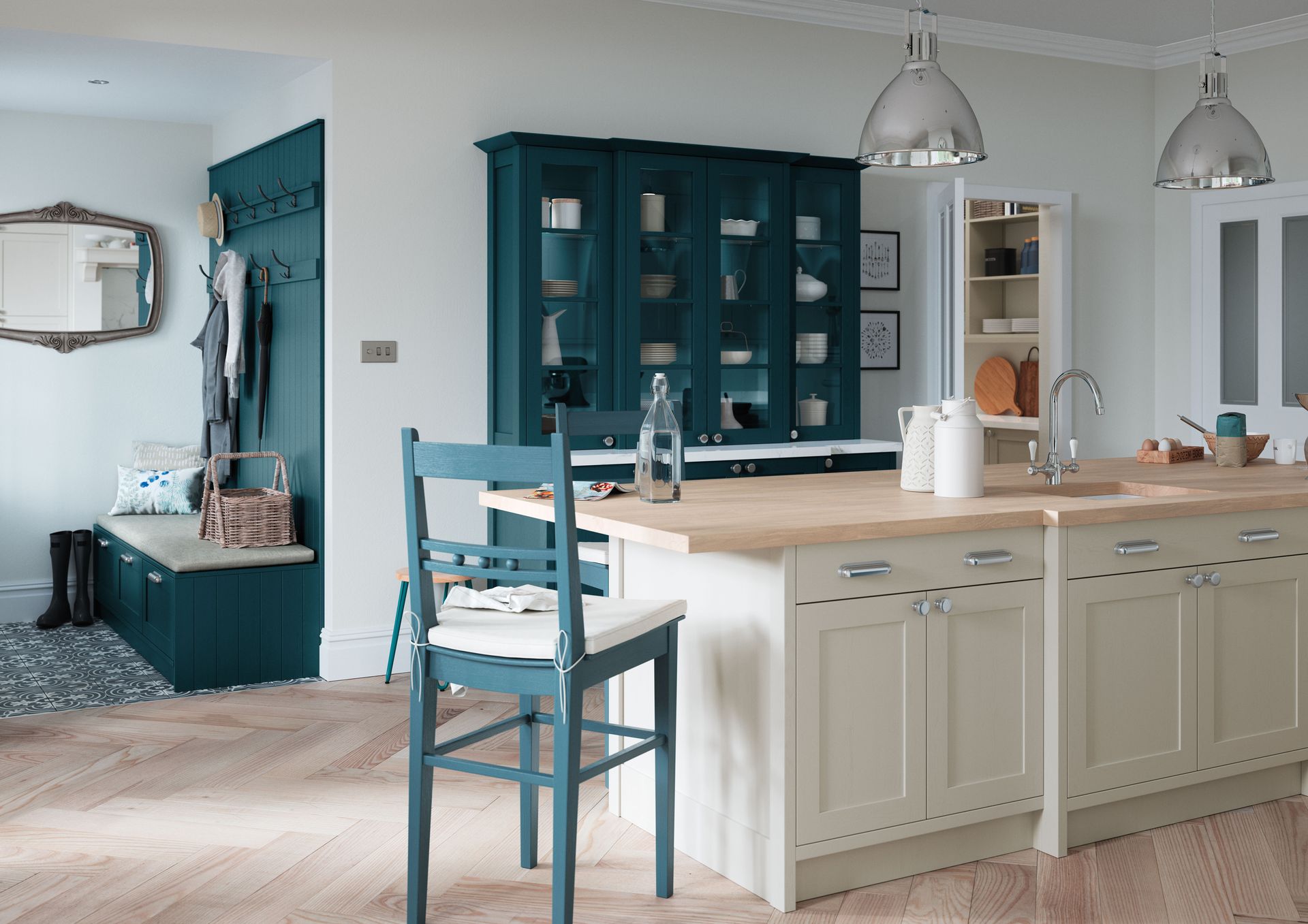 Bright kitchen with teal cabinets, white island, and blue chair in a light, open room