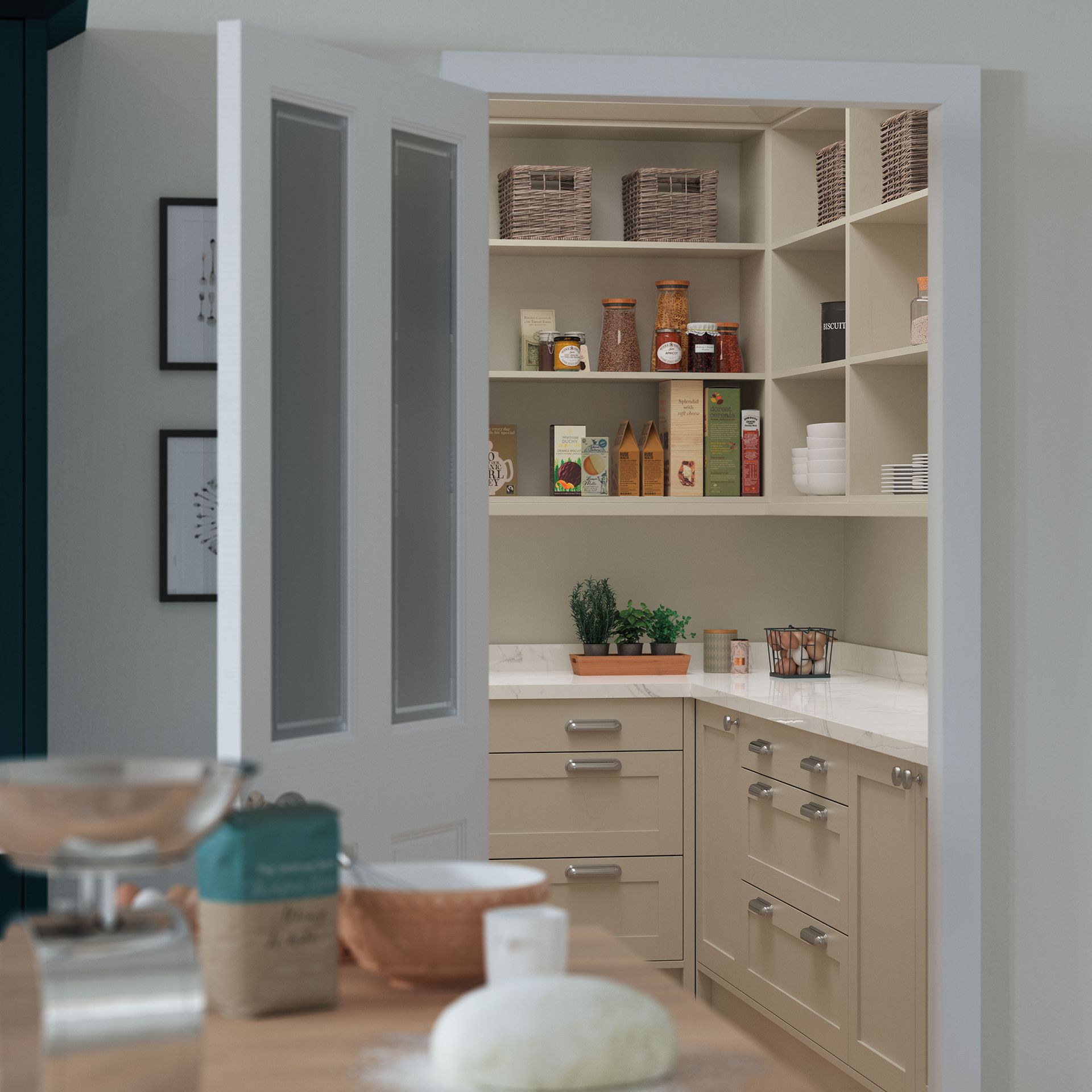Open pantry with shelves of jars, boxes, and dishes in a beige kitchen.