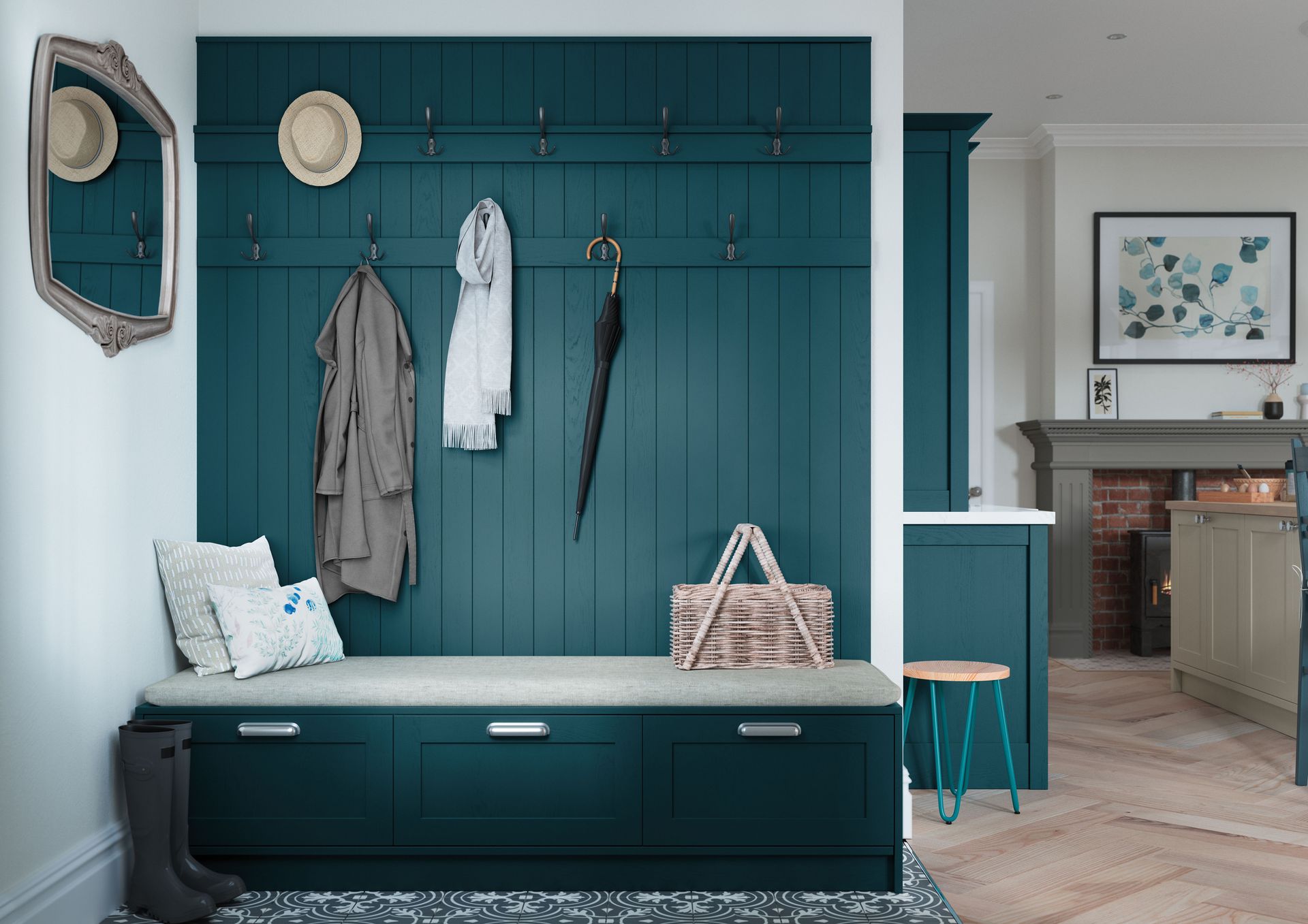 Teal entryway bench with hooks, coats, mirror, and woven basket in a bright hallway