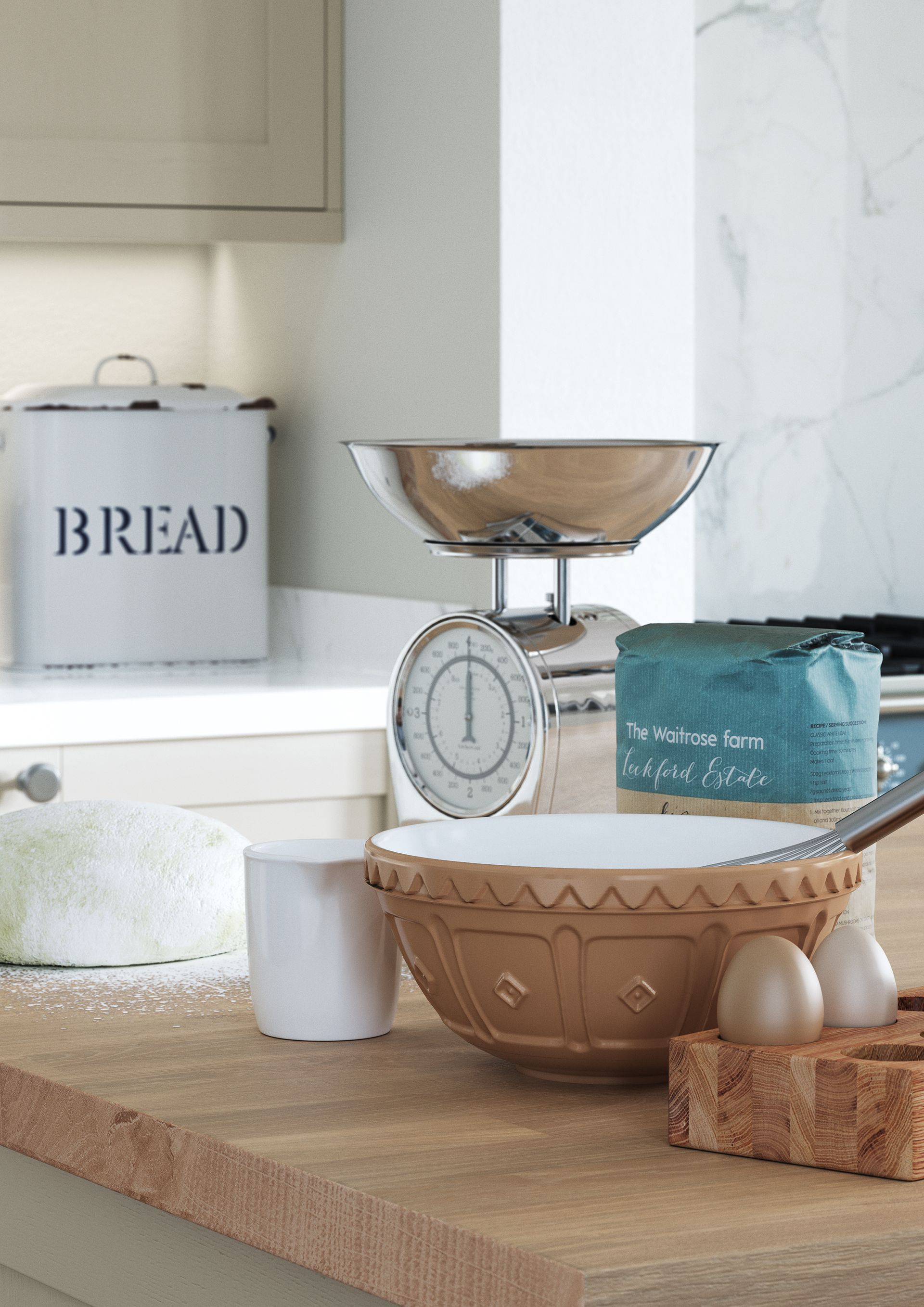 Kitchen counter with flour, scale, mixing bowl, and bread ingredients beside a bread box