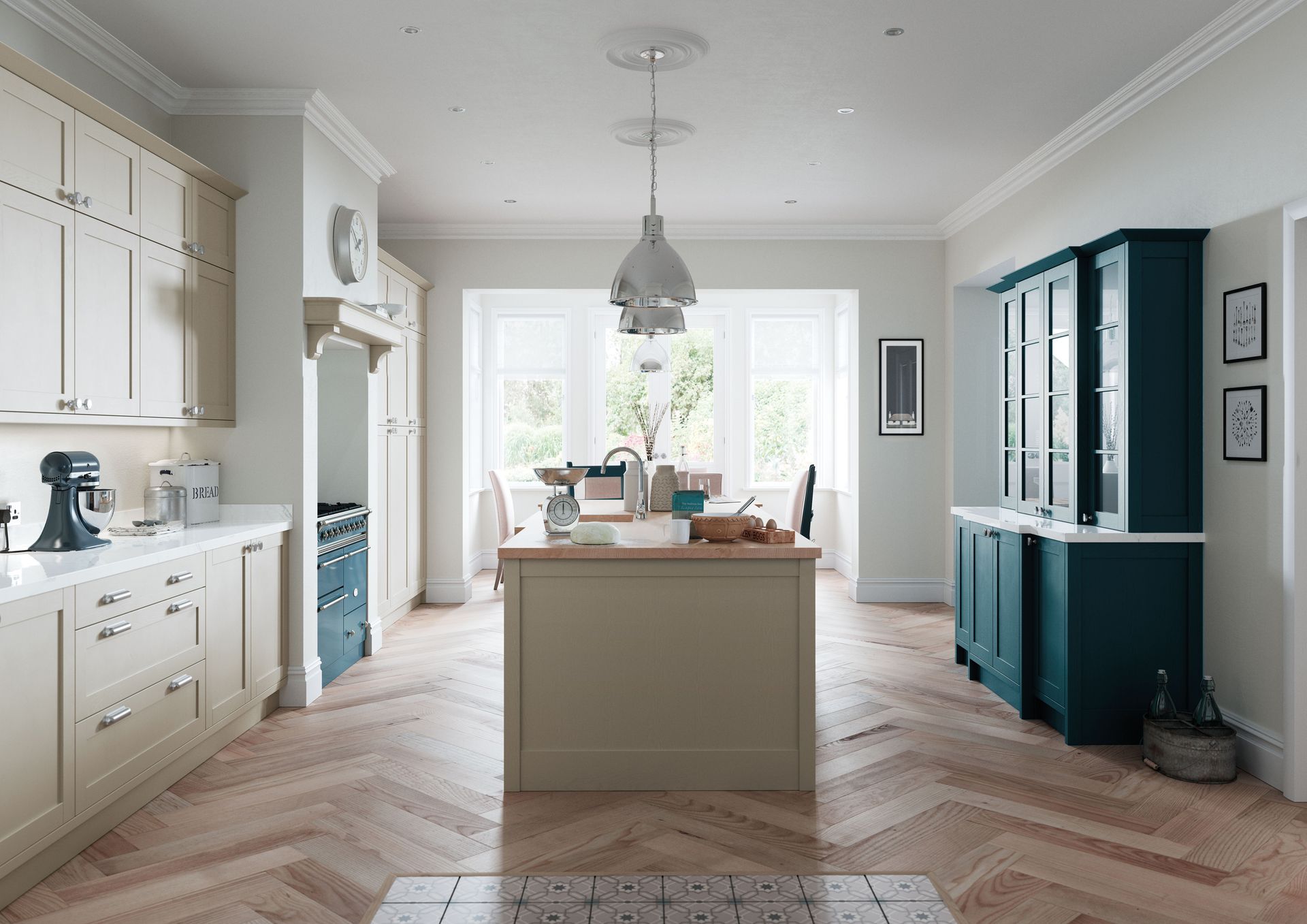 Bright, airy kitchen with white cabinets, a central island, and teal glass-front cupboards.