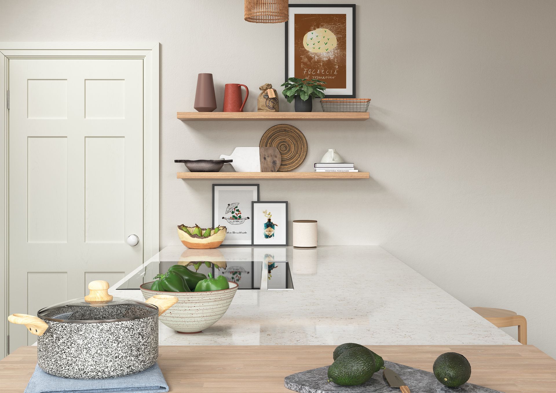Bright kitchen with white marble island, wooden shelves, and bowls of fruit on the counter.