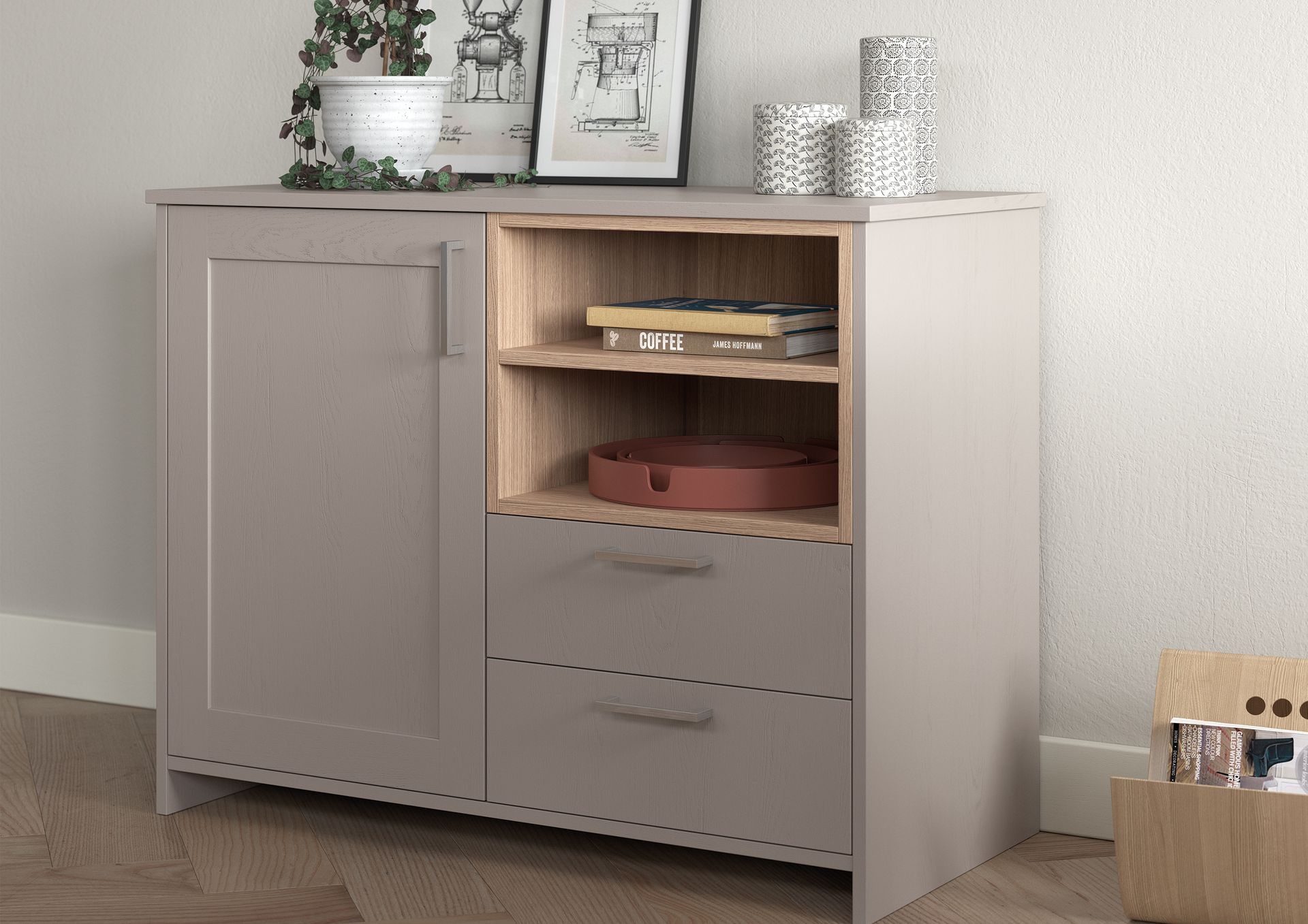 Beige storage cabinet with drawers, shelves, and decor against a light wall