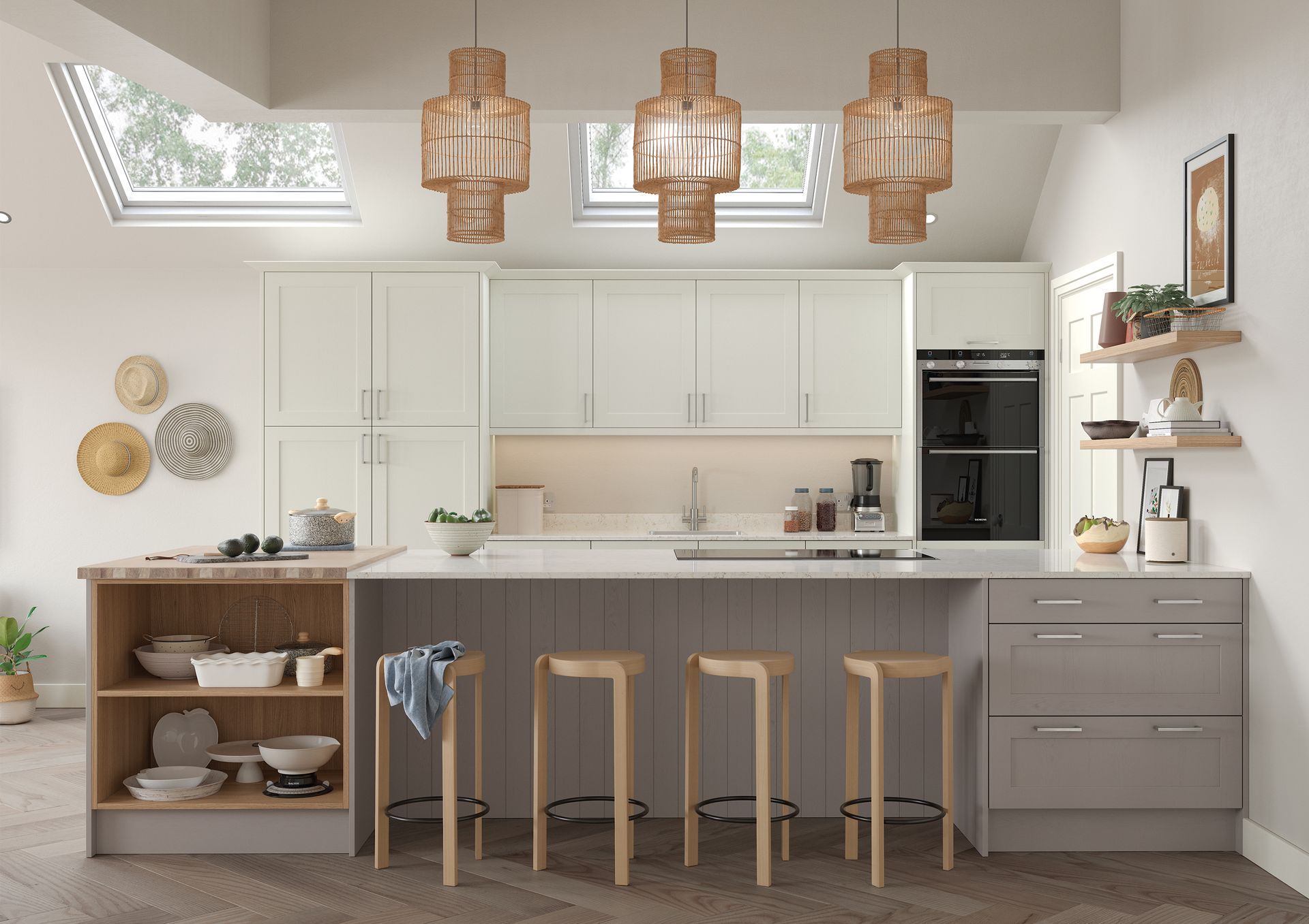 Bright modern kitchen with white cabinets, wooden island, bar stools, and pendant lights