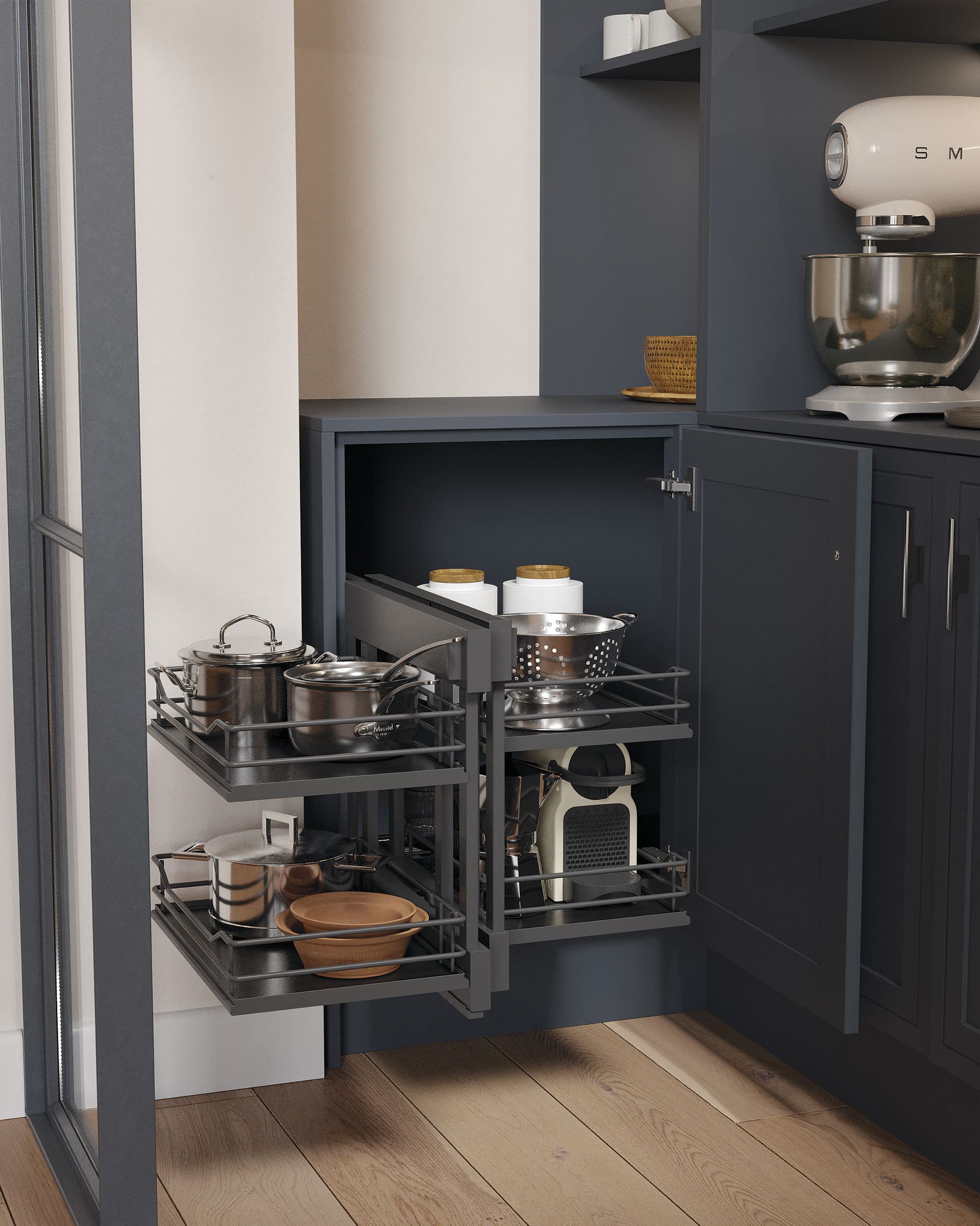 A dark gray corner cabinet with a pull-out wire shelving unit extended to display organized kitchen items.
