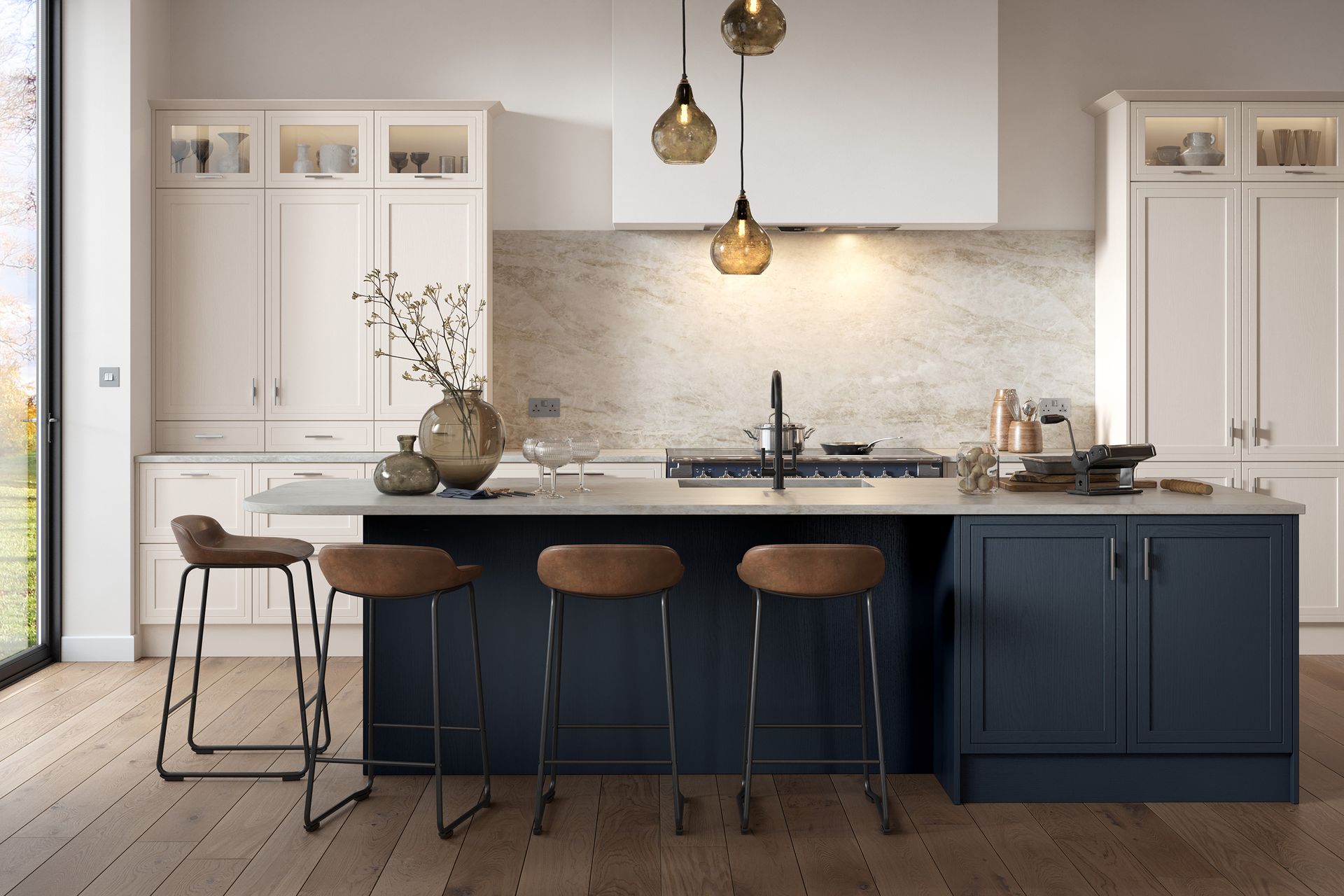 Modern kitchen featuring a blue island with brown bar stools, cream cabinetry, and pendant lights over a white counter.