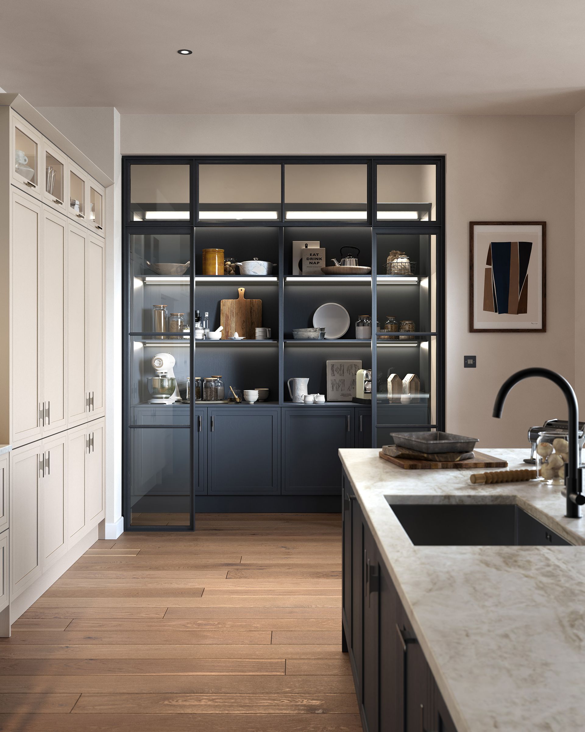 A modern kitchen featuring a dark glass-front display cabinet, light cabinetry, marble countertops, and wooden flooring.