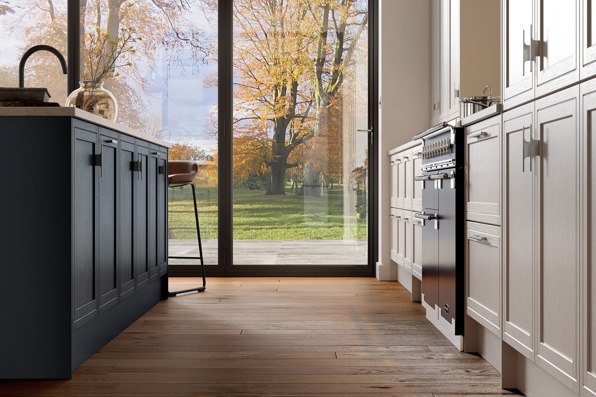 Modern kitchen with a dark blue island on the left, white cabinets, a range stove, and a glass door with a garden view.