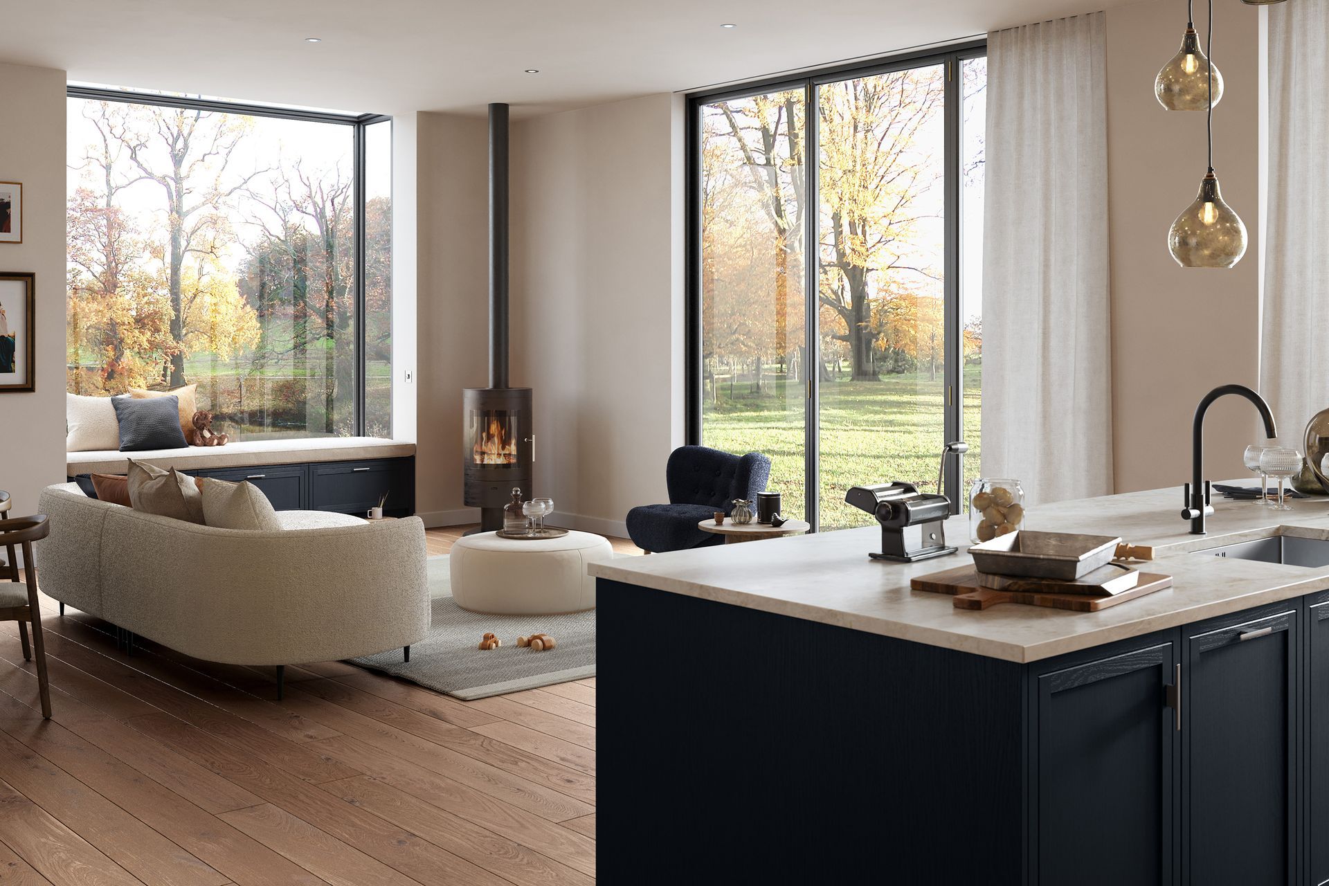 Modern open-concept living area with a dark kitchen island, light sofa, fireplace, and floor-to-ceiling windows.