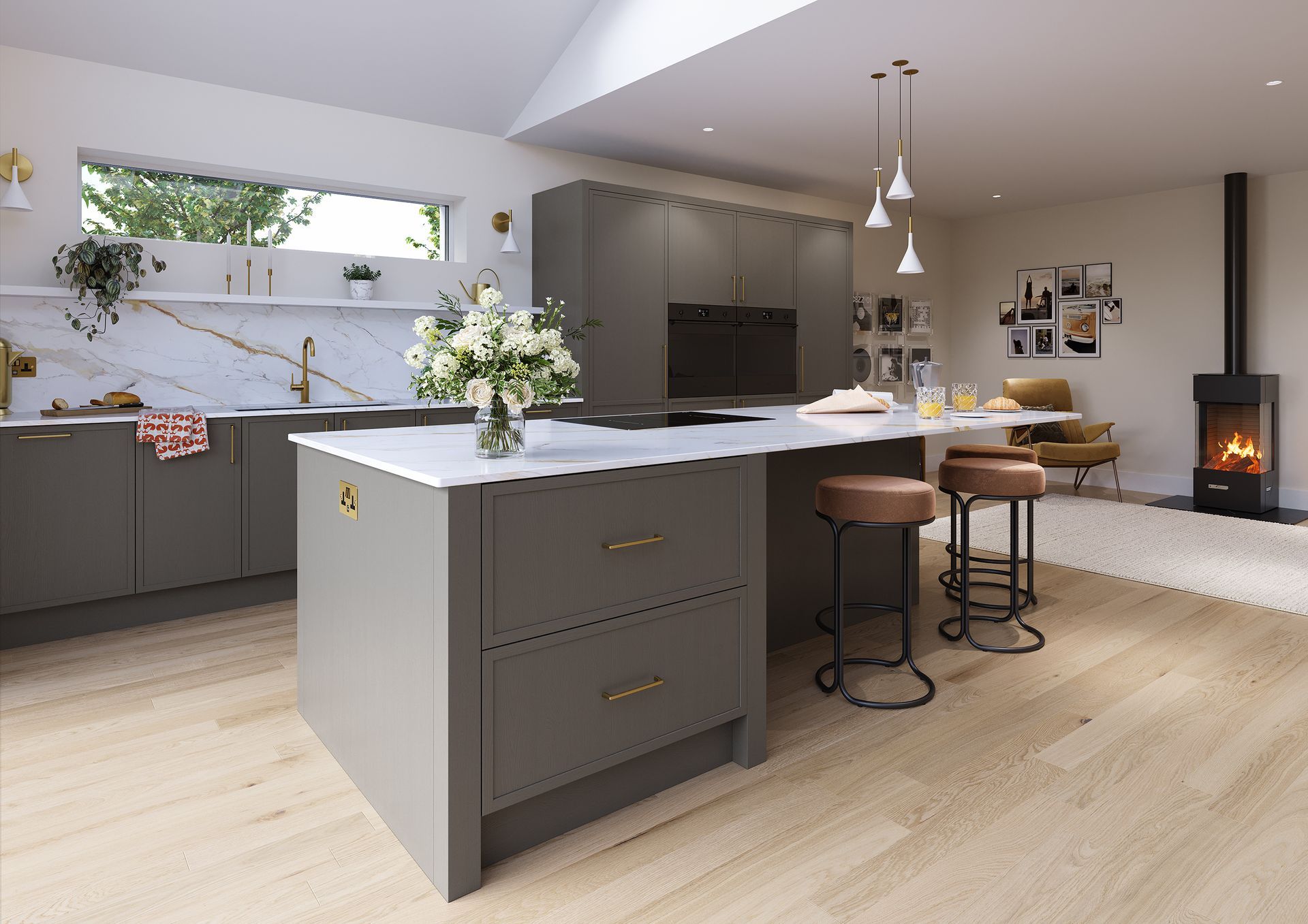 Modern kitchen with matte grey cabinetry, a marble backsplash, a large central island with bar stools, and a wood stove.