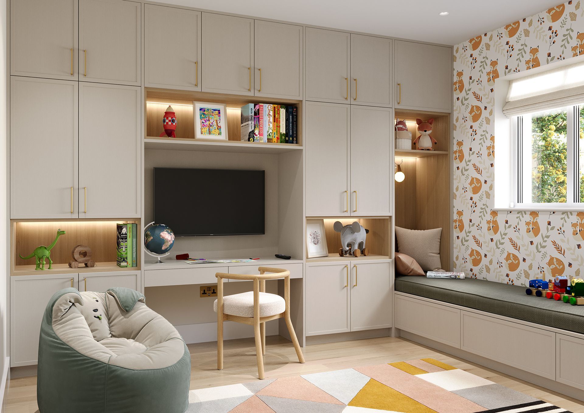 A child's bedroom featuring floor-to-ceiling beige cabinetry, a built-in desk with a TV, a cozy window seat, and floral wall.