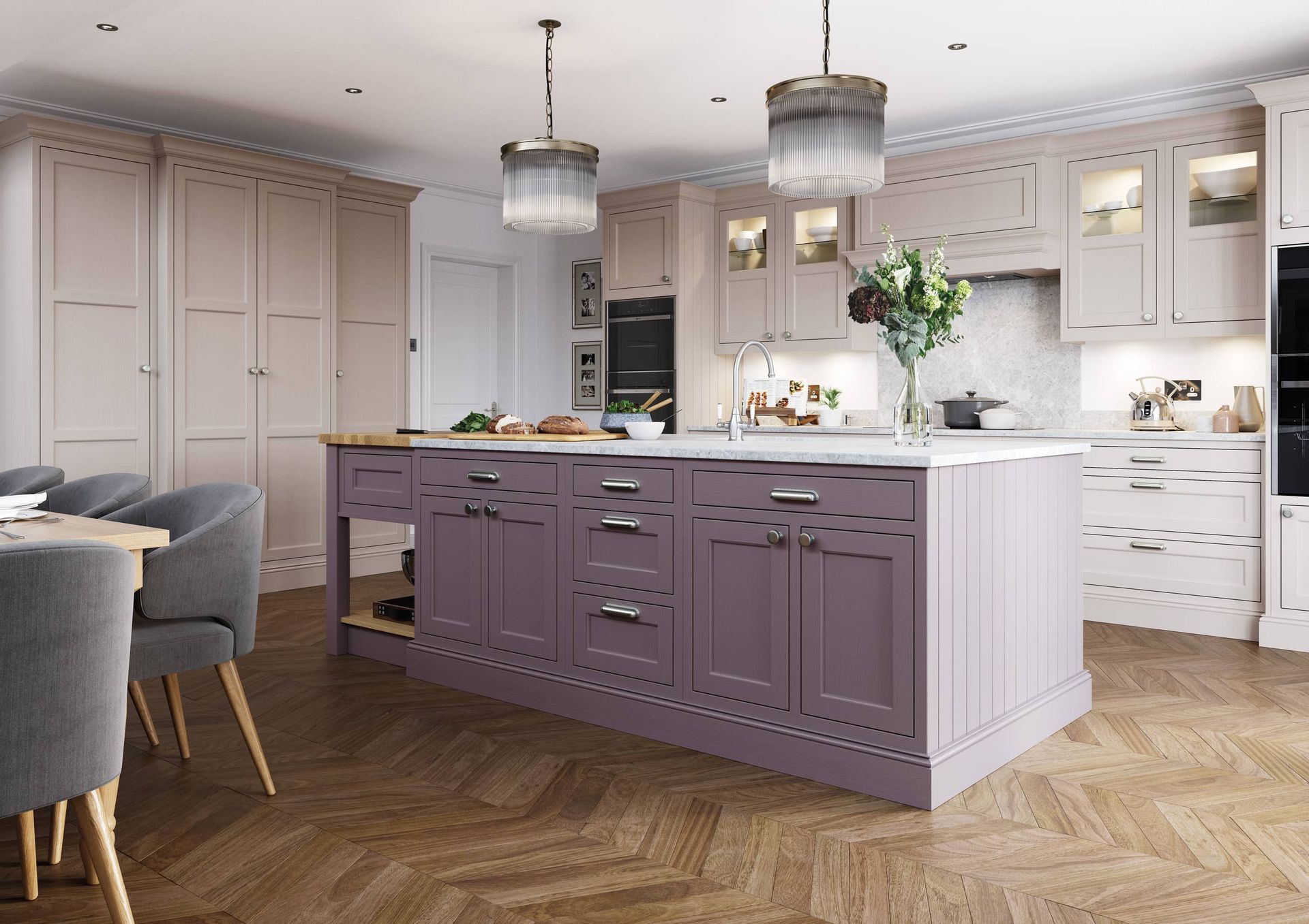A modern kitchen featuring a light-colored cabinetry perimeter, a contrasting plum-colored island, and herringbone floors.