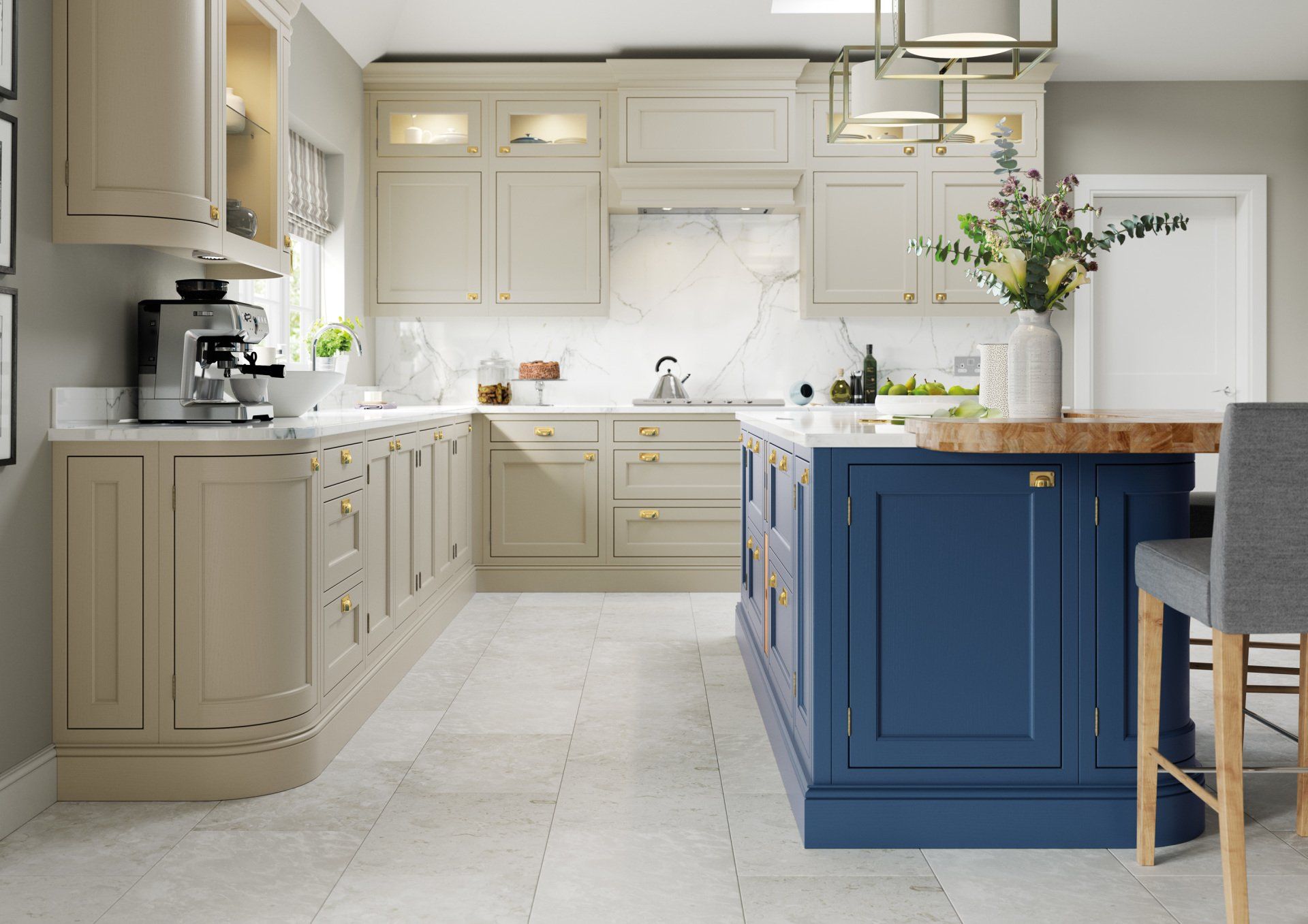 A modern kitchen featuring beige cabinets, a marble backsplash, and a prominent blue island with a wooden countertop.
