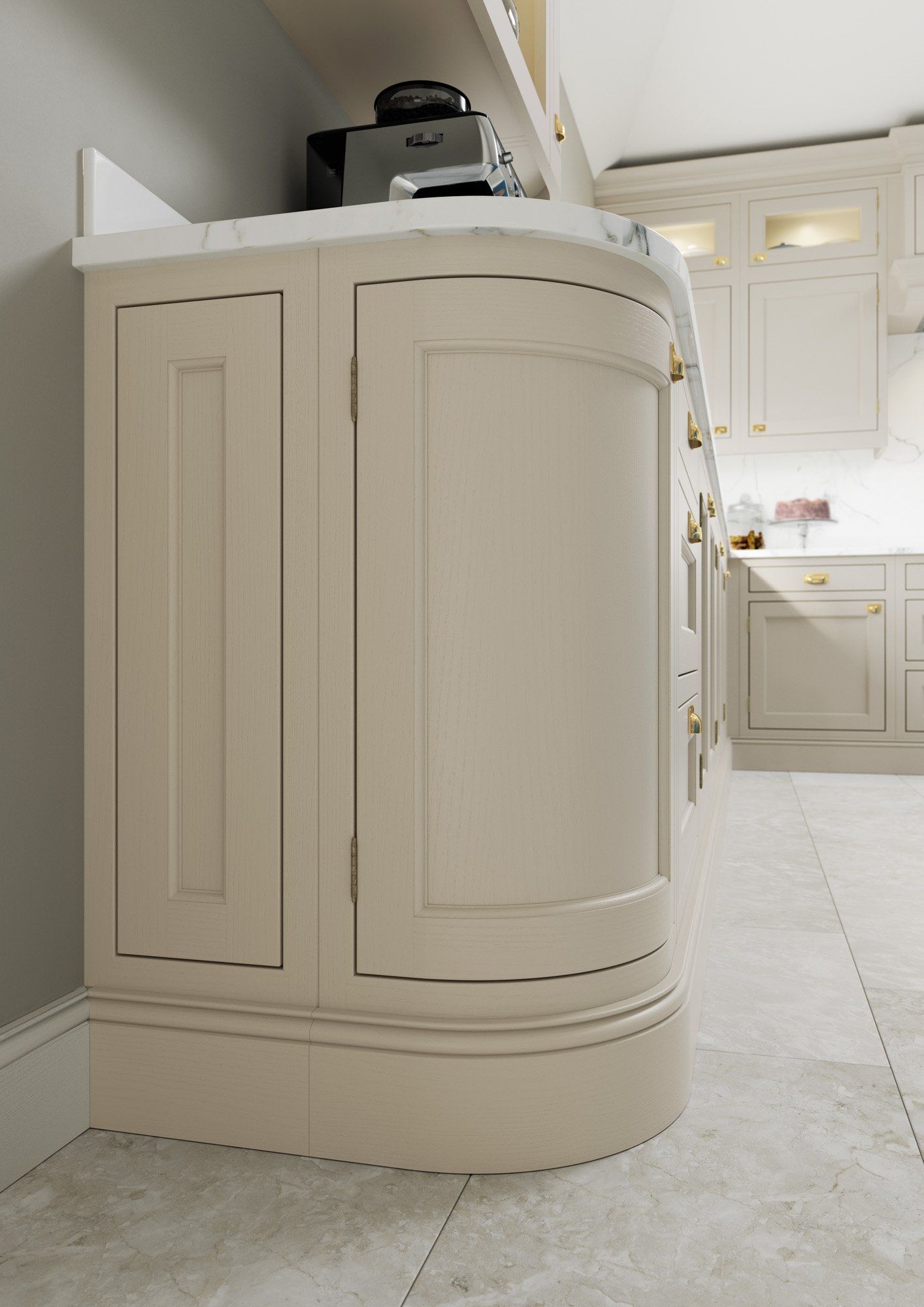 A curved, cream-colored kitchen cabinet base with a marble countertop in a well-lit, modern home interior.