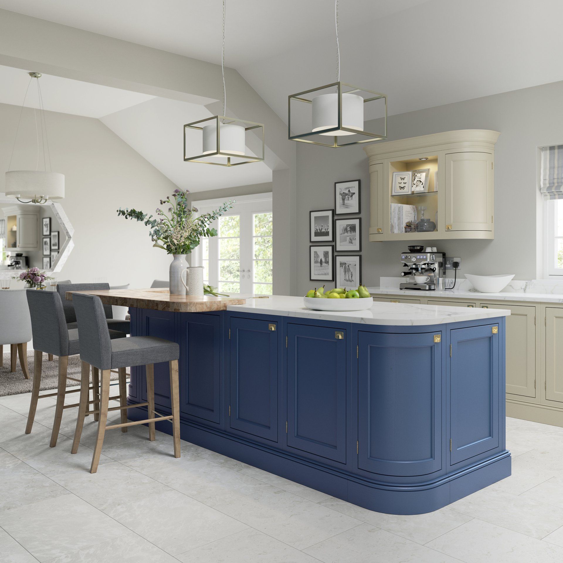 A blue kitchen island with a wood countertop and two grey bar stools stands in a bright, modern, open-concept kitchen.