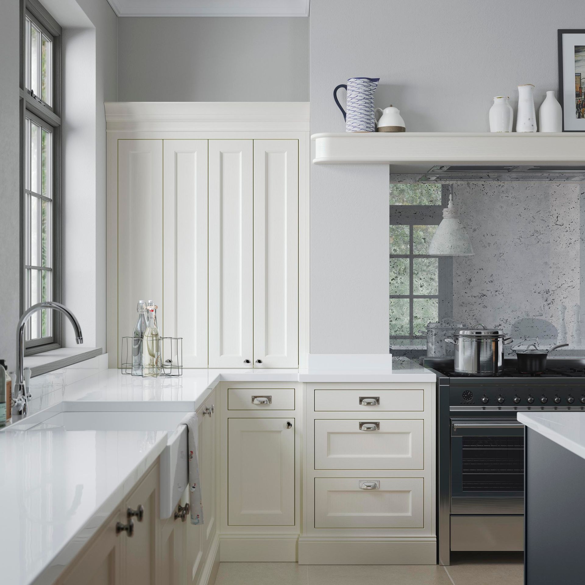 A bright kitchen with white cabinets, light grey walls, a farmhouse sink, and a black range stove with a speckled splash.