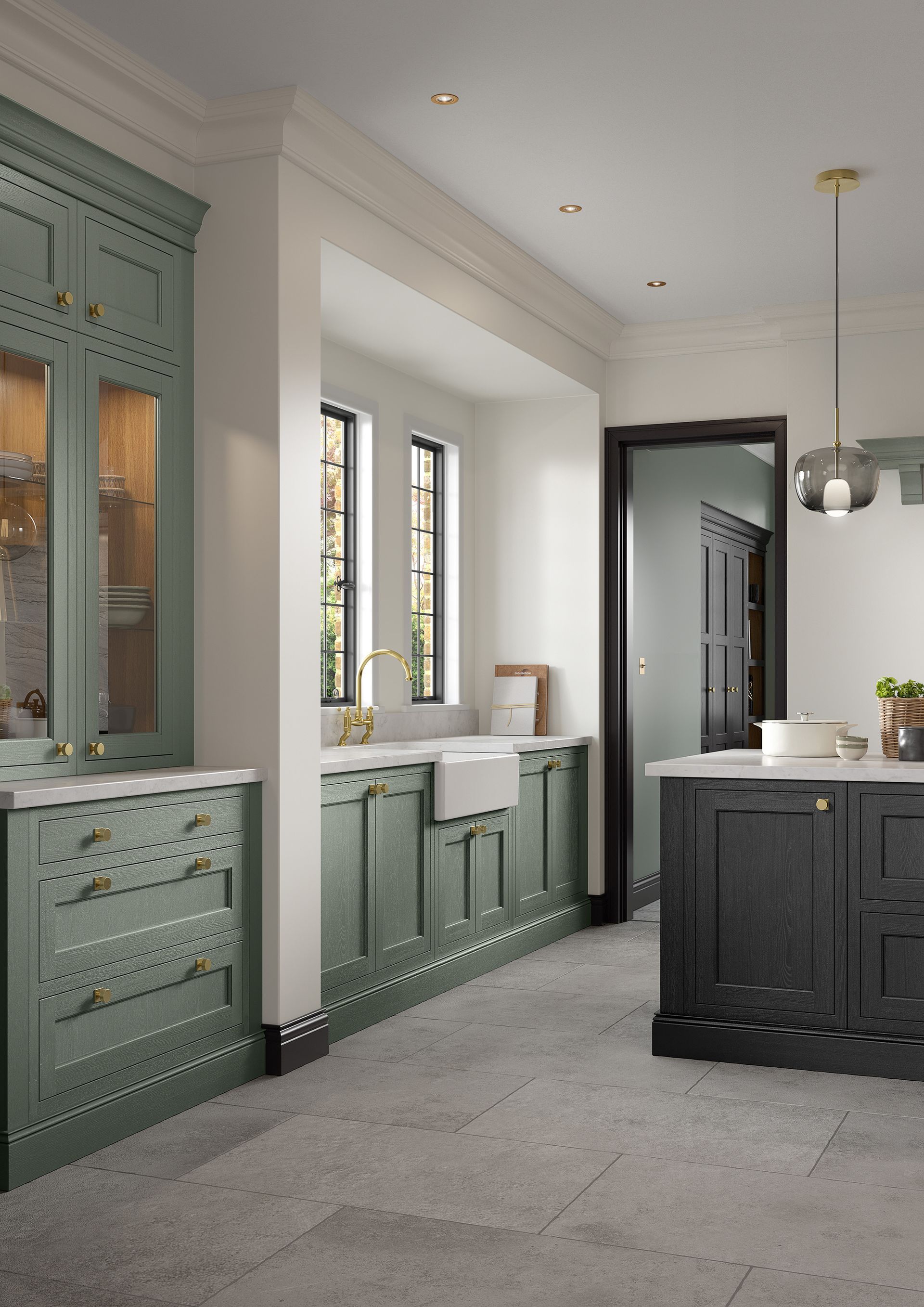 A kitchen featuring sage green cabinets, a farmhouse sink, white countertops, and a dark island on a tiled floor.