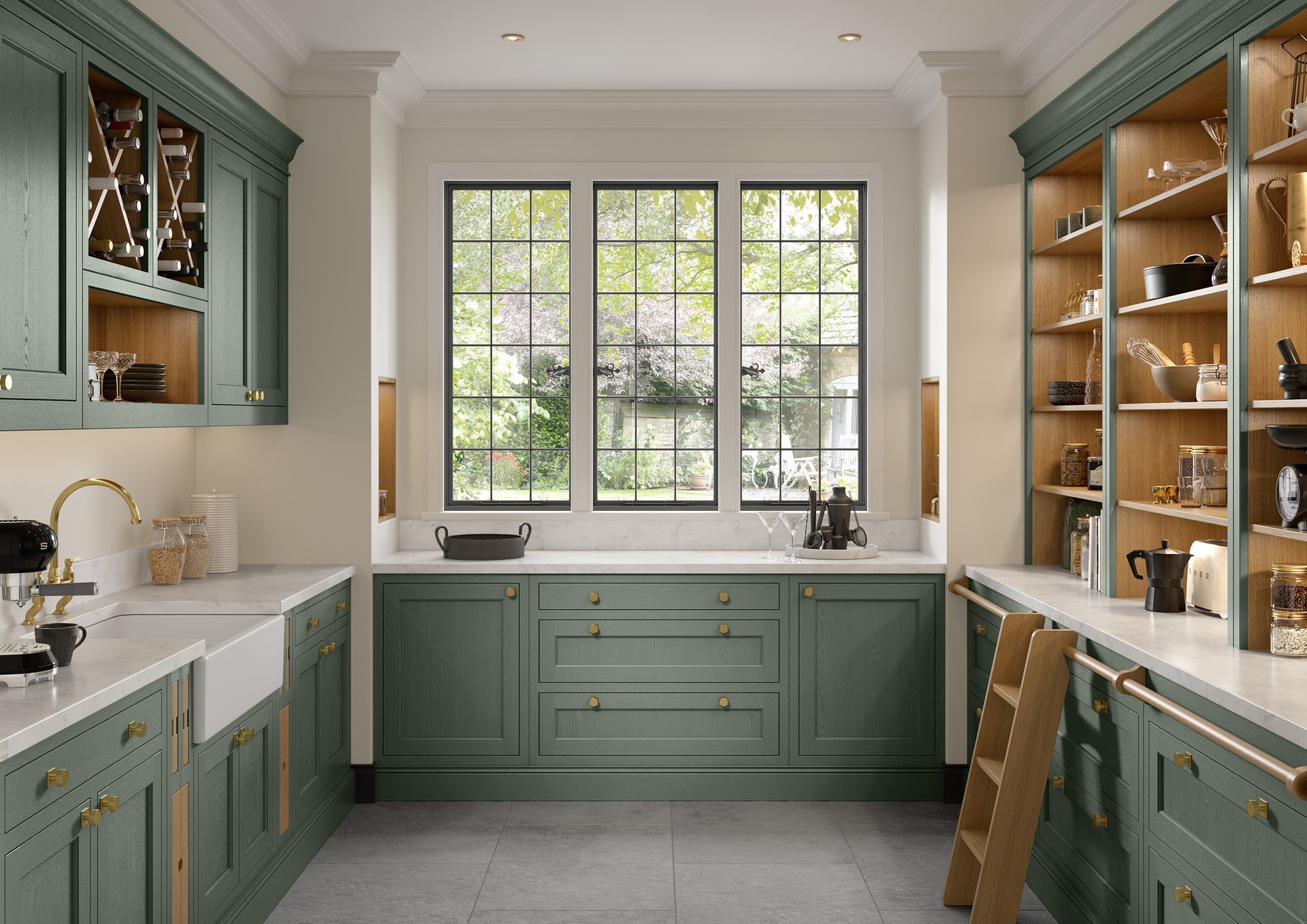 A kitchen with sage green cabinets, light wood open shelving, a white farmhouse sink, and a large window above the counter.