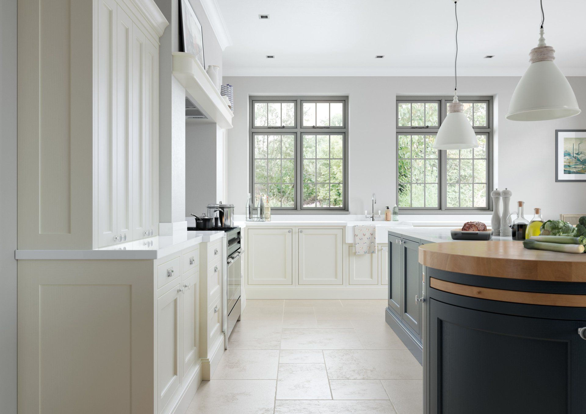 Modern kitchen with light cream cabinetry, a dark island, stone flooring, and windows overlooking greenery.