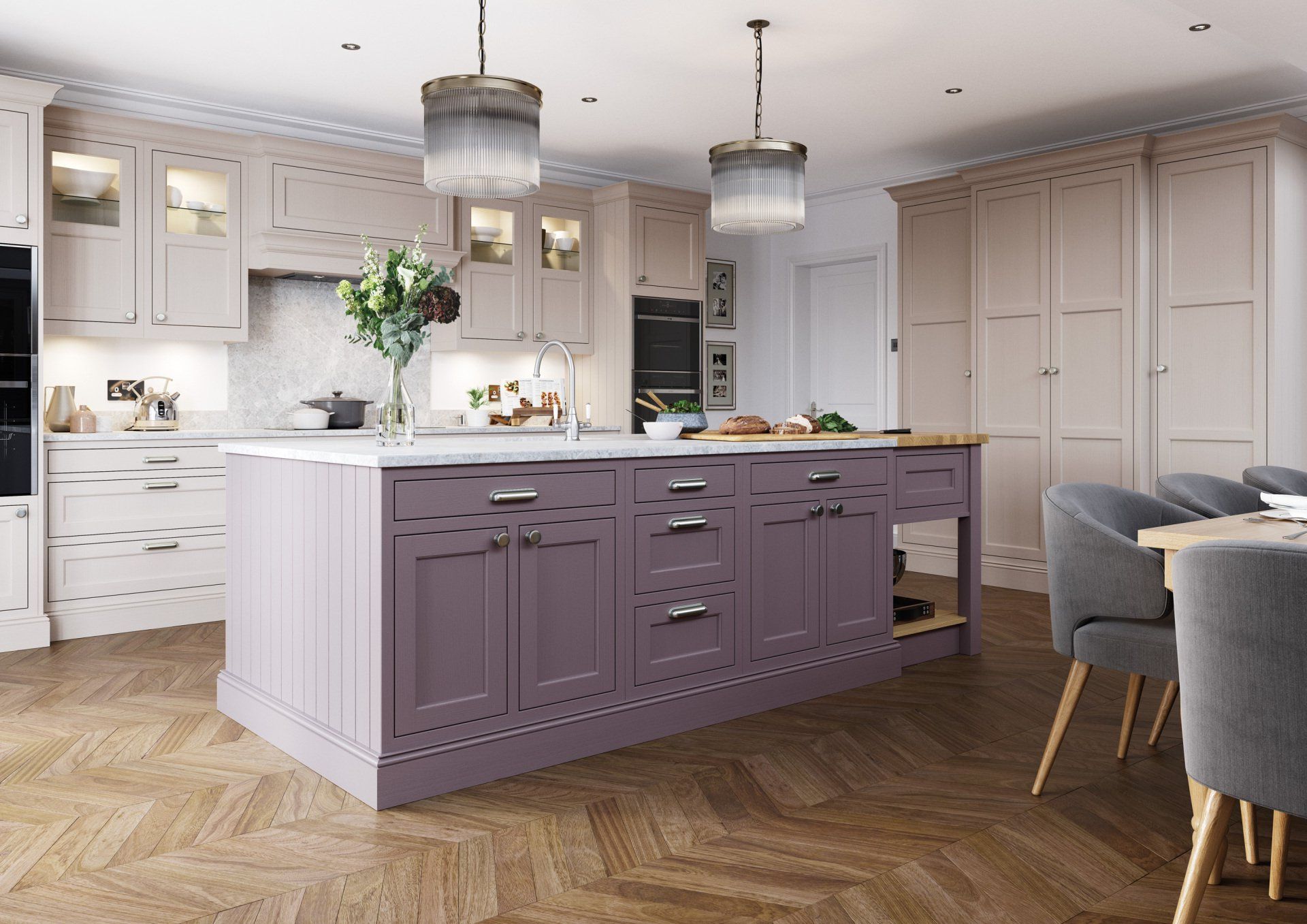 A modern kitchen featuring a light-colored cabinetry perimeter, a large mauve island, and wood herringbone flooring.