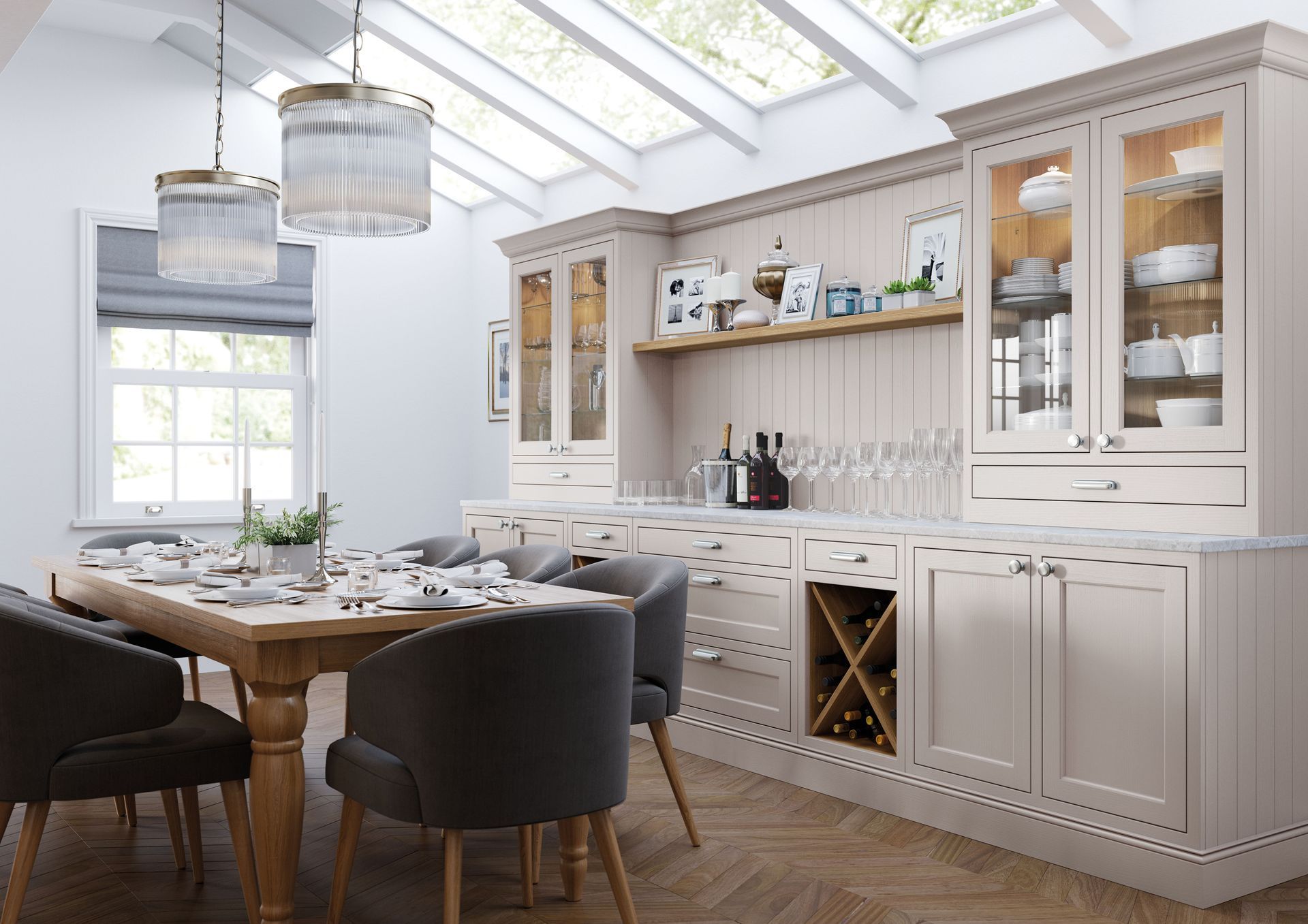 A dining area with a wooden table, dark grey chairs, and a large, neutral-toned built-in cabinet with glass display doors.