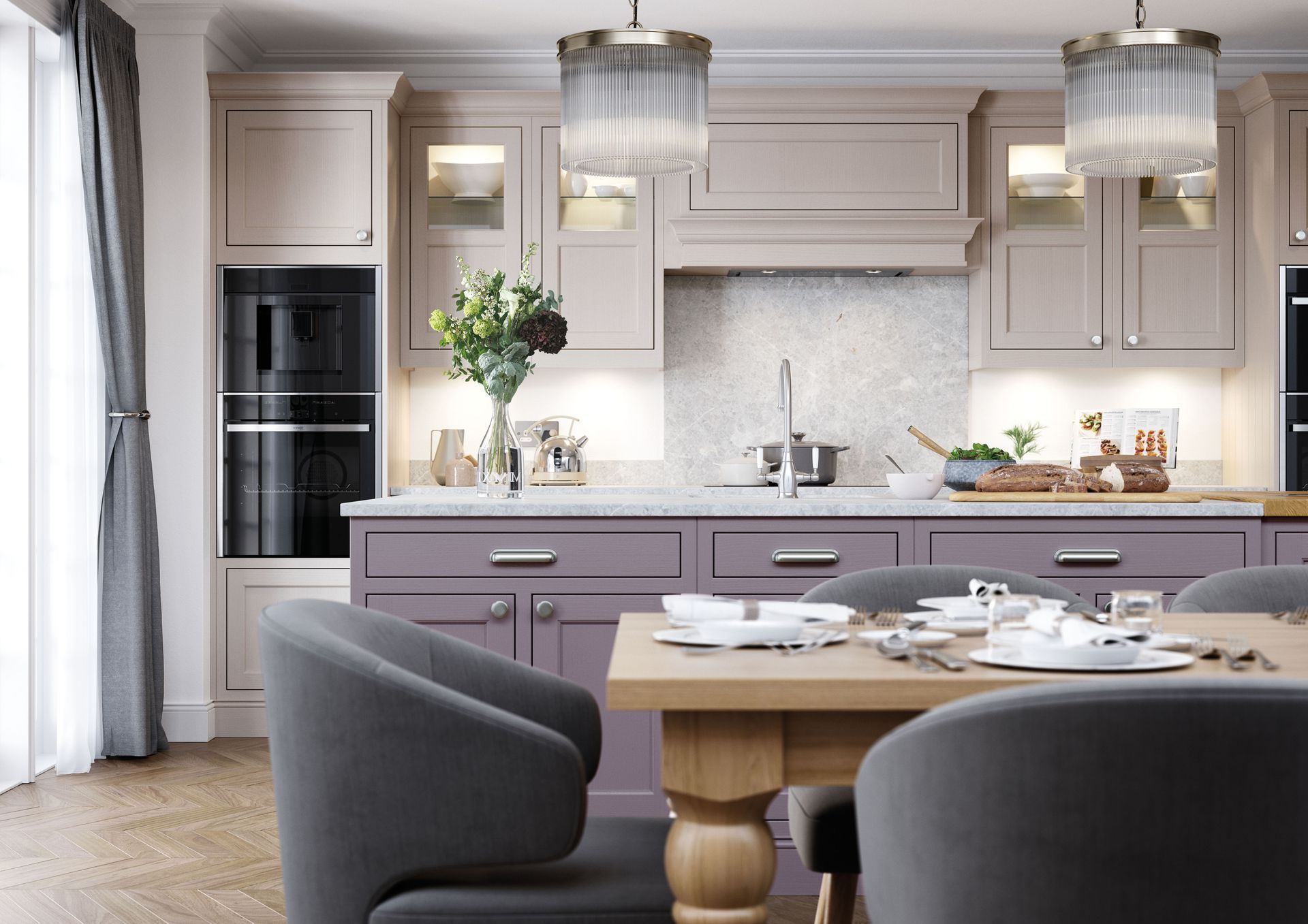 Modern kitchen with mauve cabinets, light countertops, integrated wall ovens, and a dining table with grey chairs.