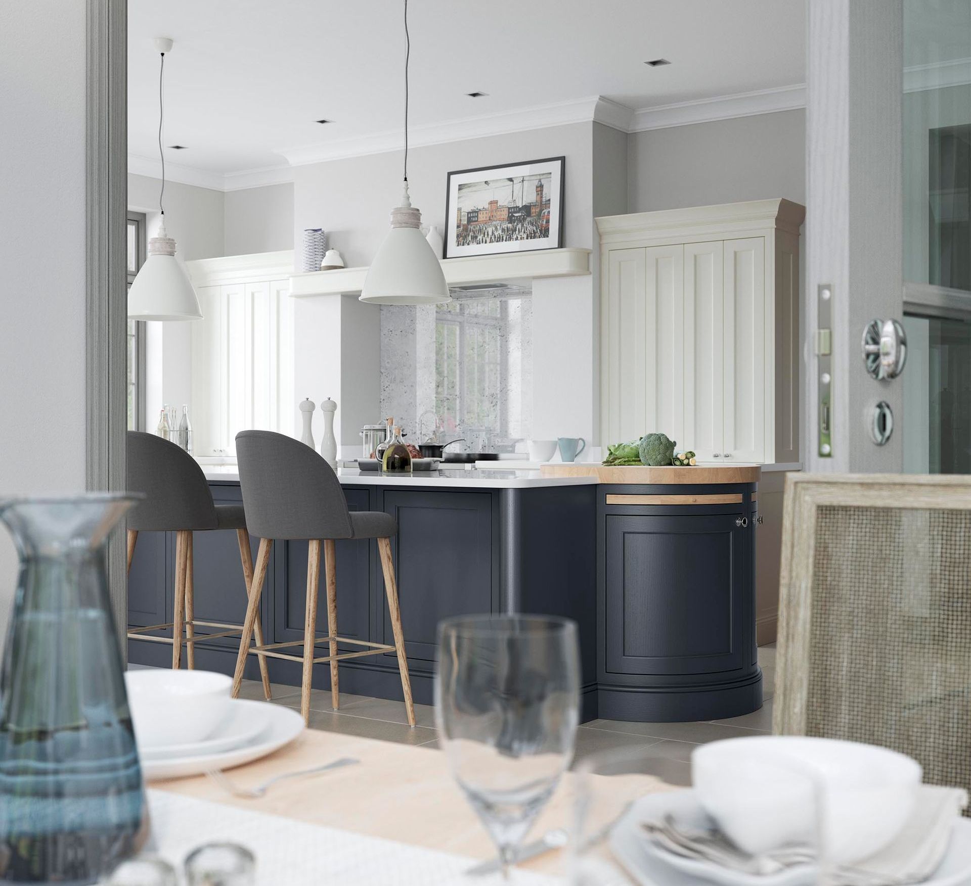 A modern kitchen with a dark blue island, gray bar stools, and white cabinetry, viewed from a dining table.