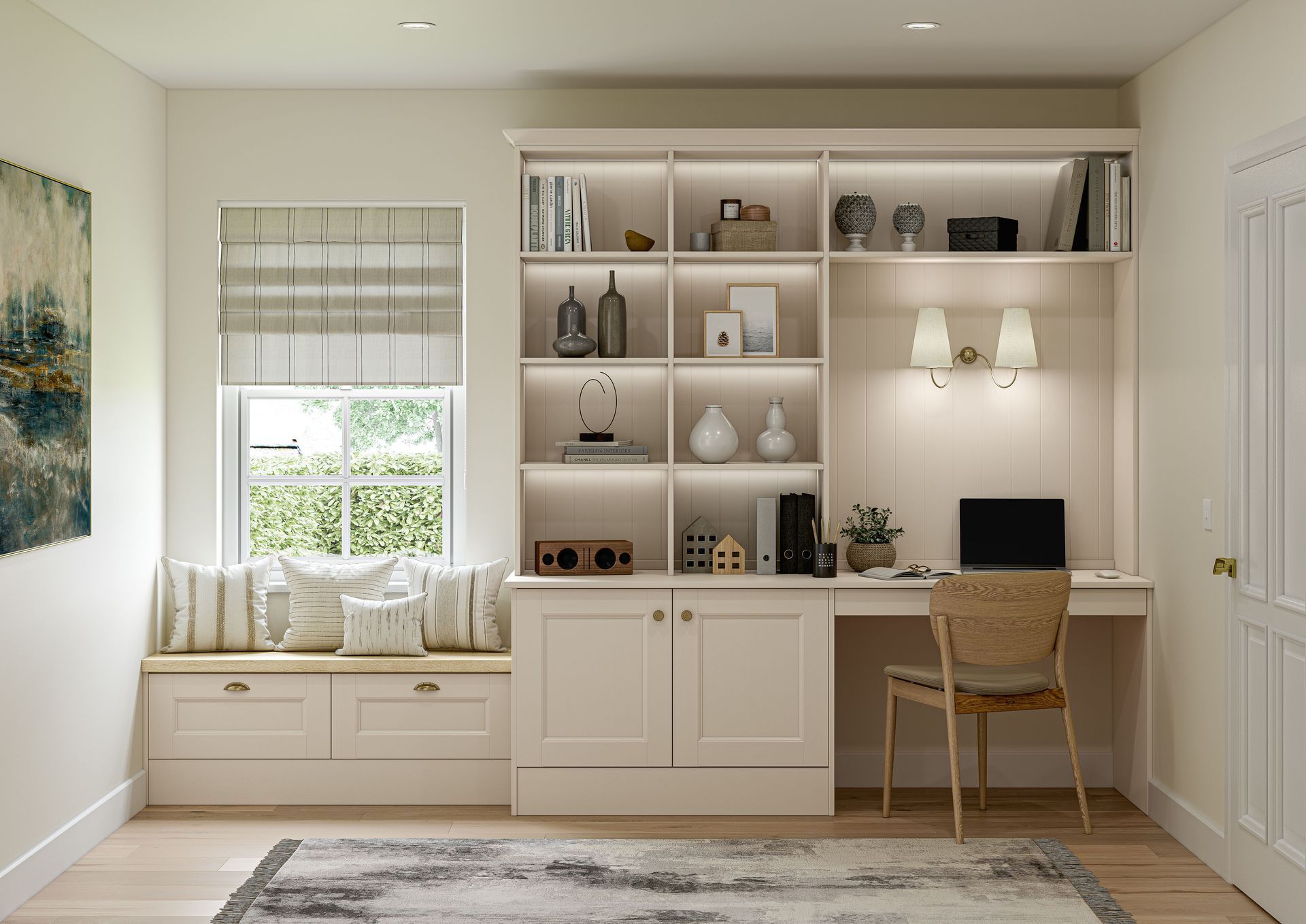 A bright, neutral-toned home office featuring a built-in bookshelf, desk, and a window seat with storage.