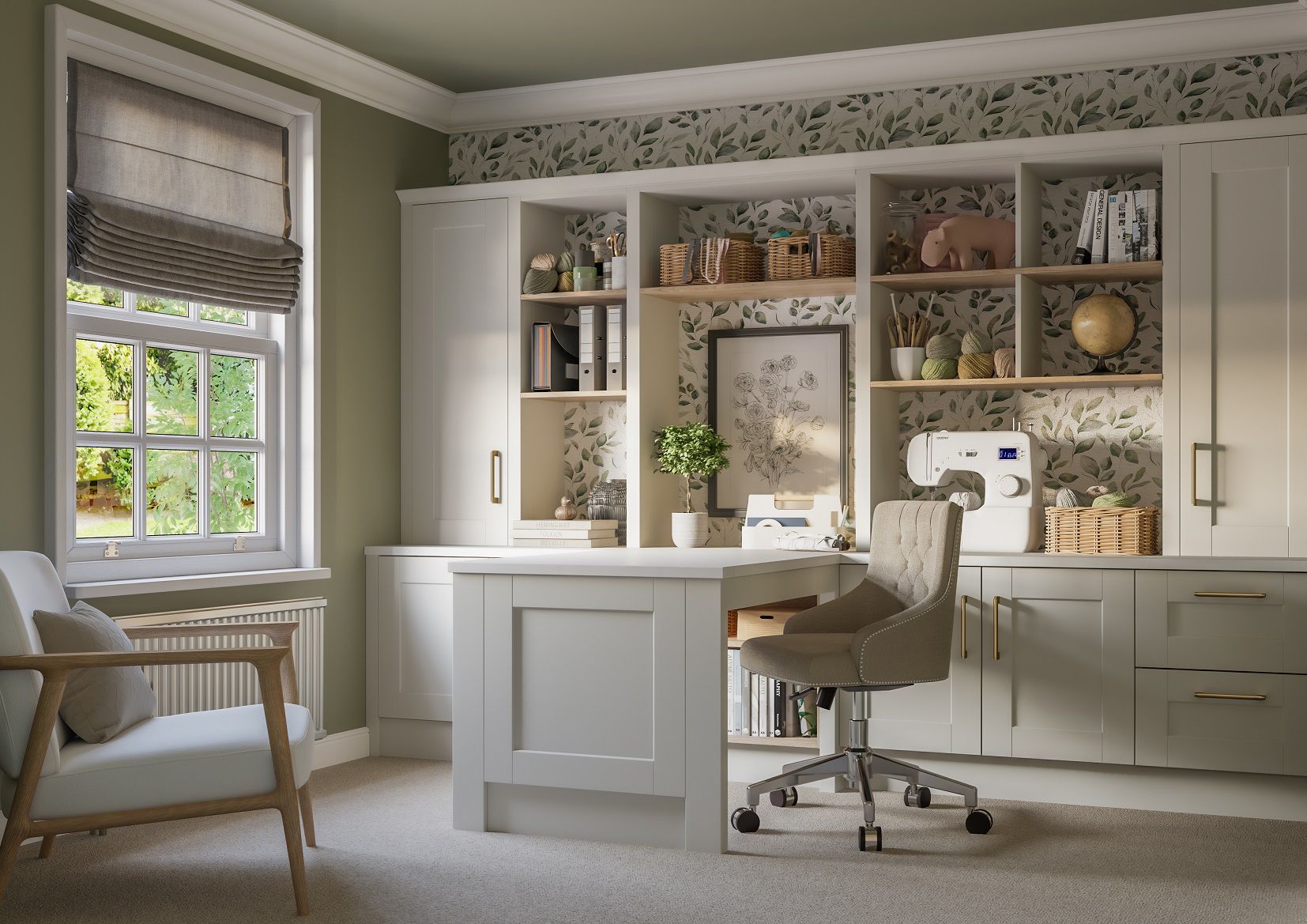 A home office with a white desk, rolling chair, and built-in shelving against a wall with floral wallpaper and olive walls.