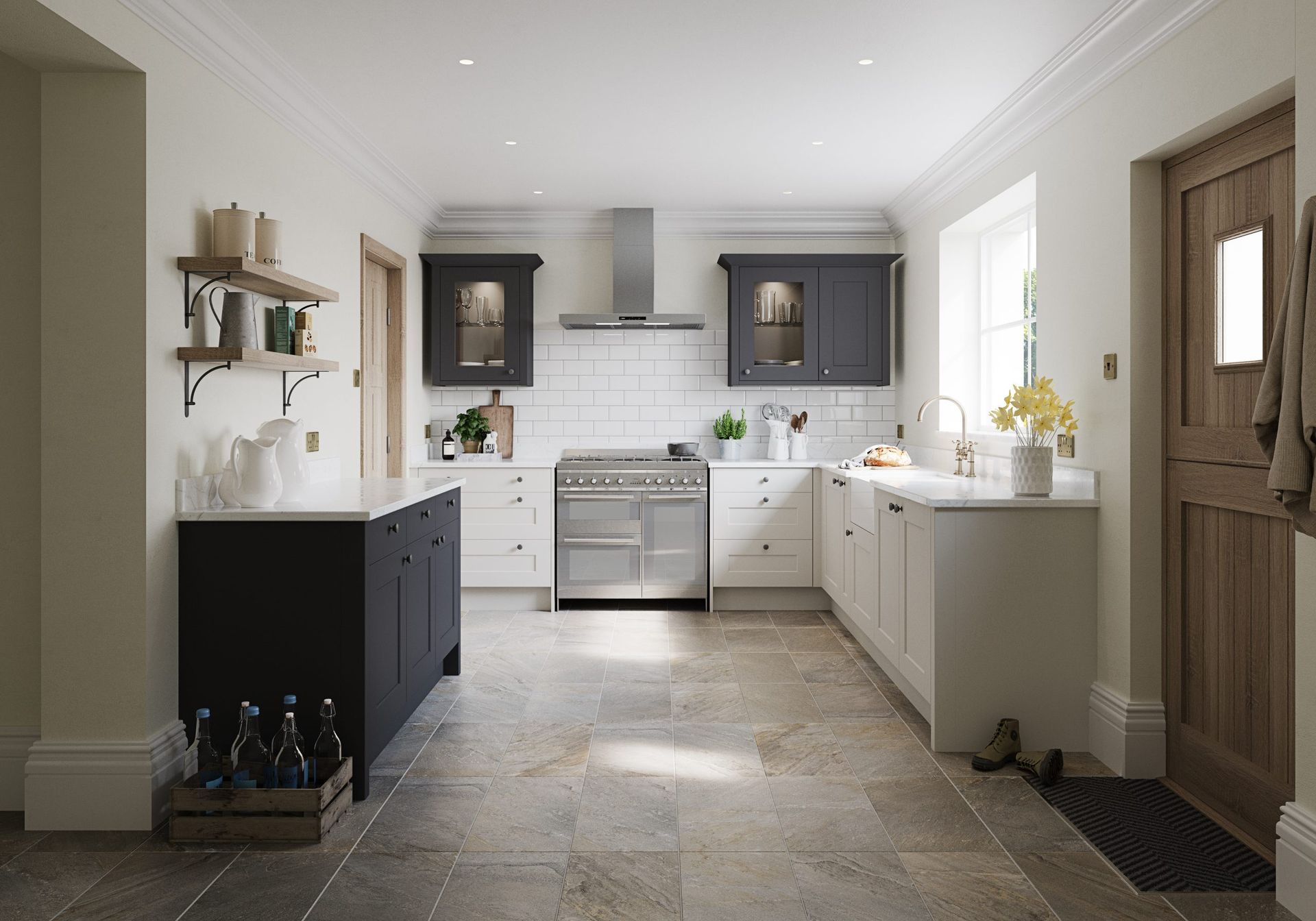 A two-tone kitchen with a white-topped black island, white base cabinets, dark grey upper cabinets, and stone floor.
