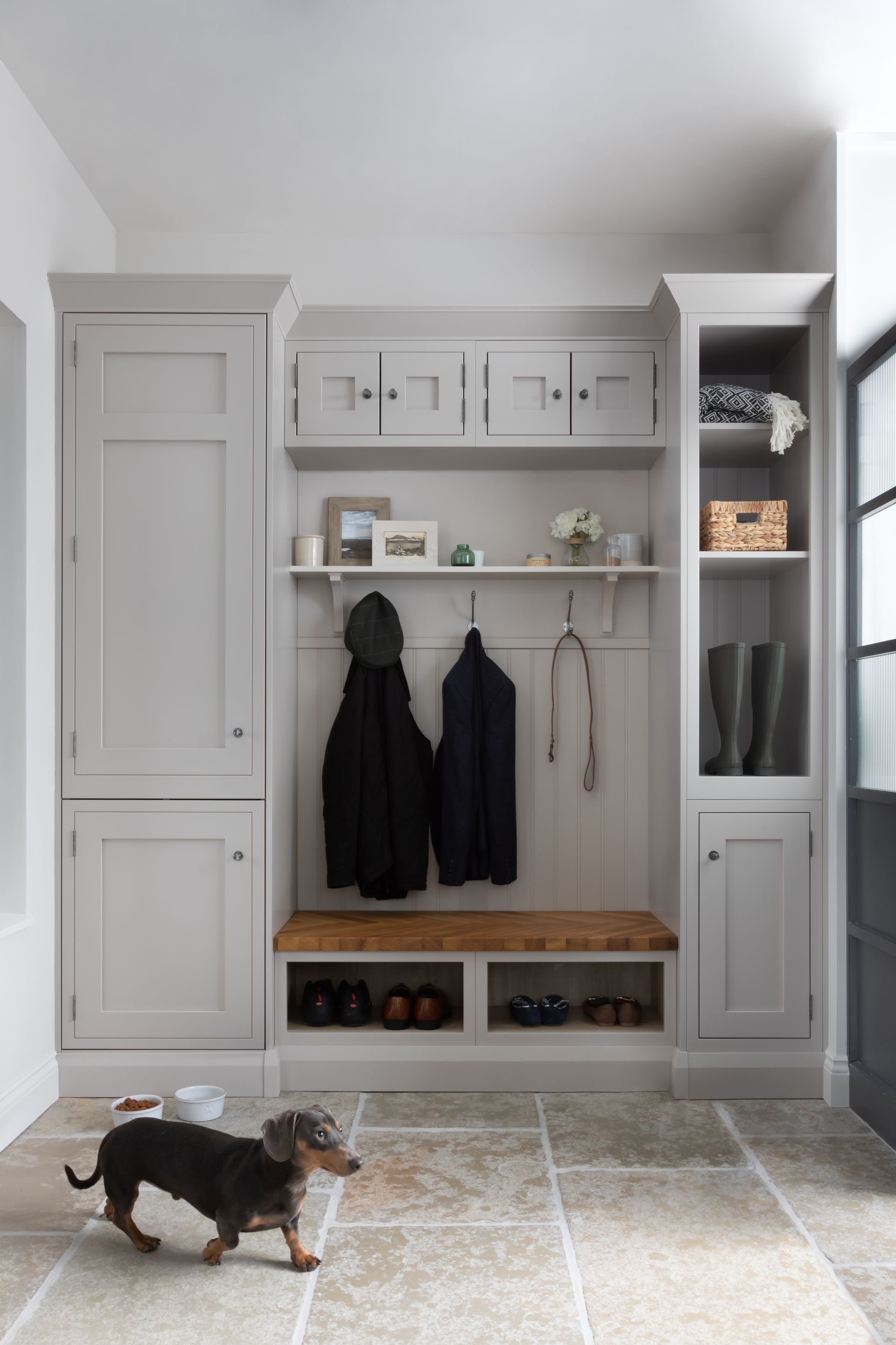 A light gray mudroom built-in with cabinets, shelves, hooks, and a bench, with a small dog walking in the foreground.