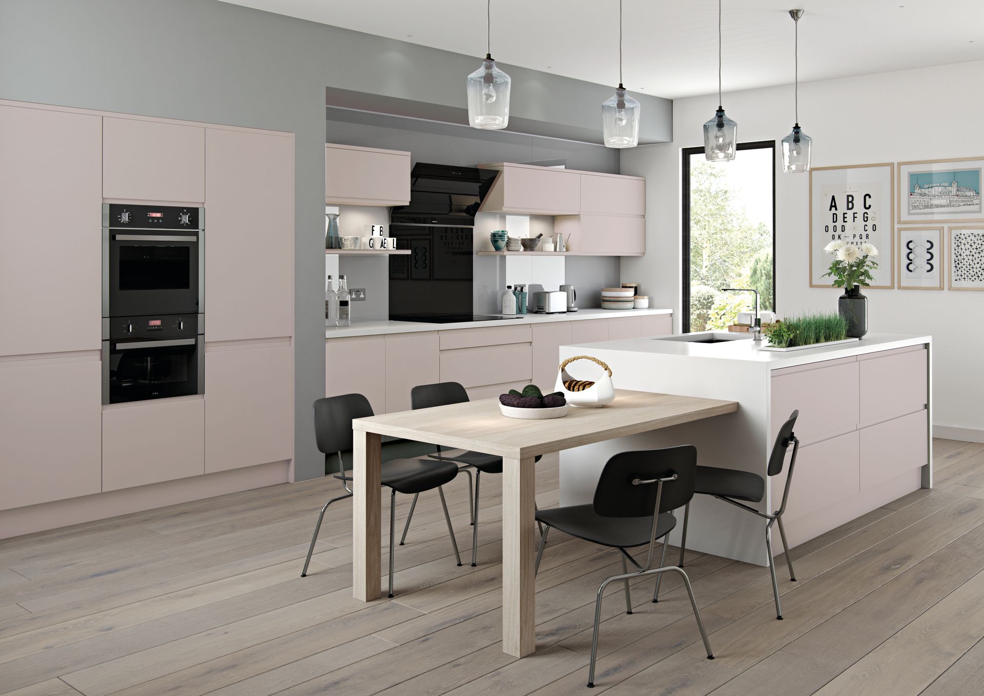 Modern kitchen with pale pink cabinets, a white island with an attached wooden table, black chairs, and pendant lighting.