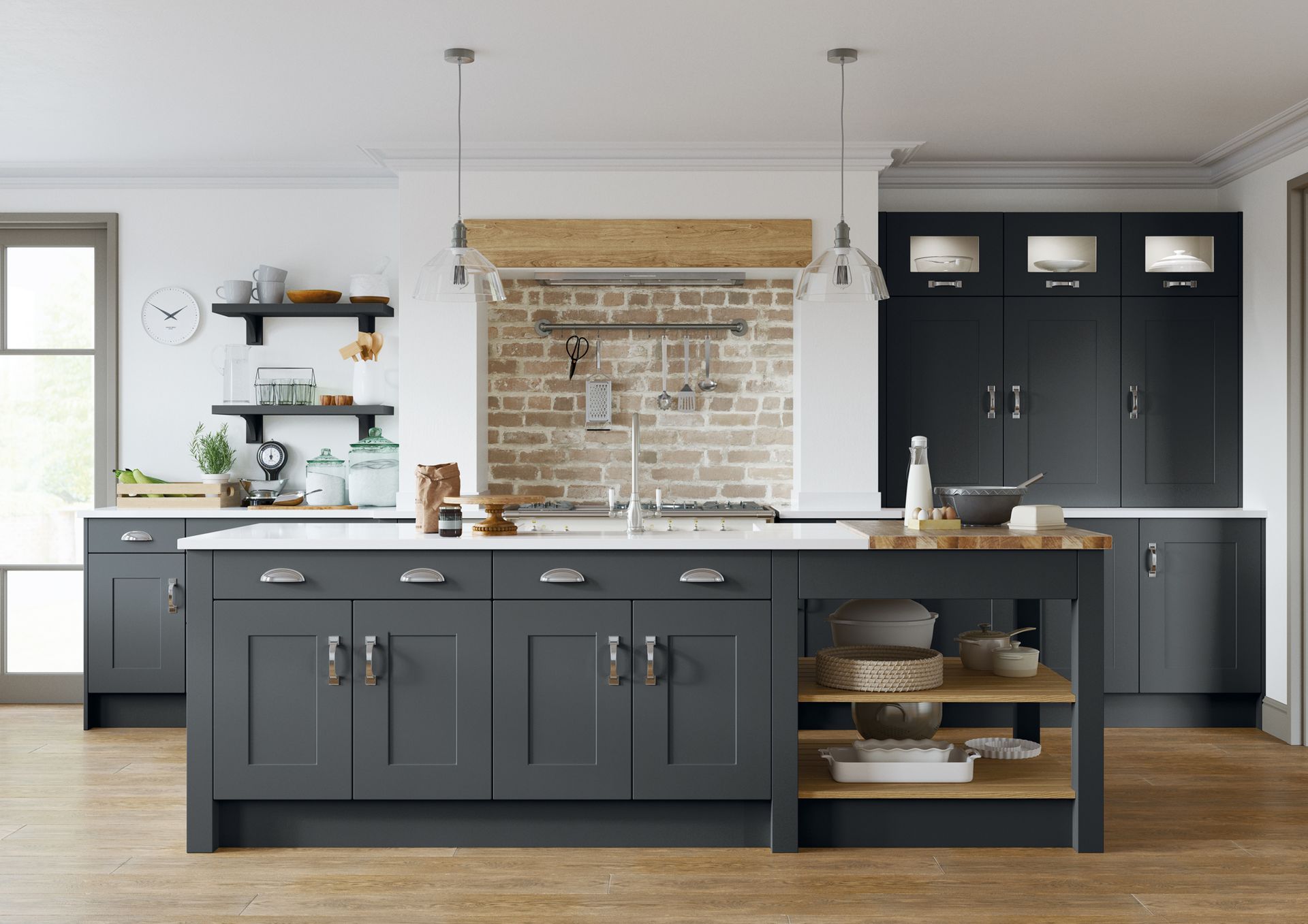 Modern dark gray kitchen with a central island, wooden shelving, brick backsplash, and a white countertop.