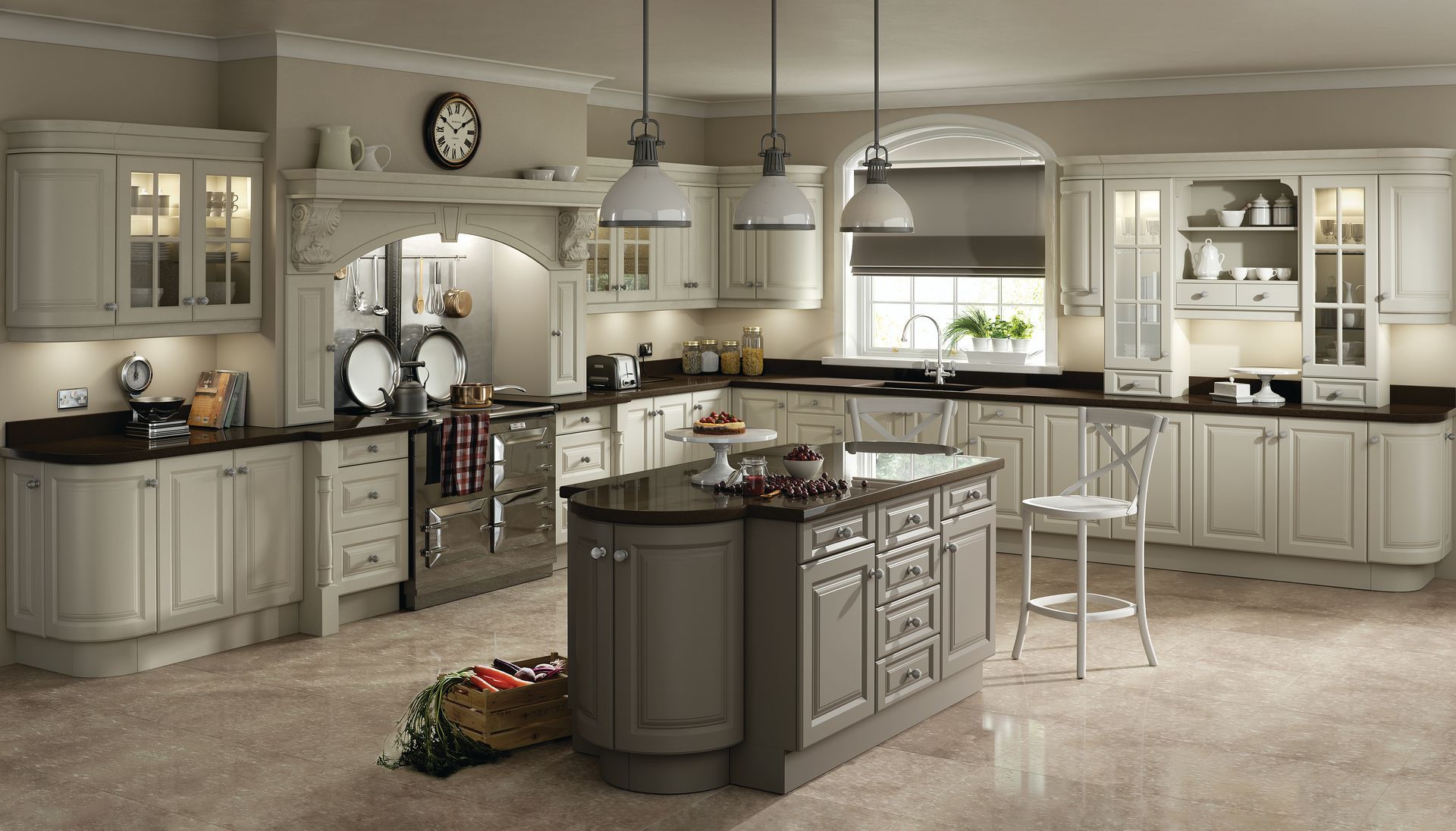 A modern kitchen with cream-colored cabinetry, dark countertops, a central dark grey island, and three pendant lights.