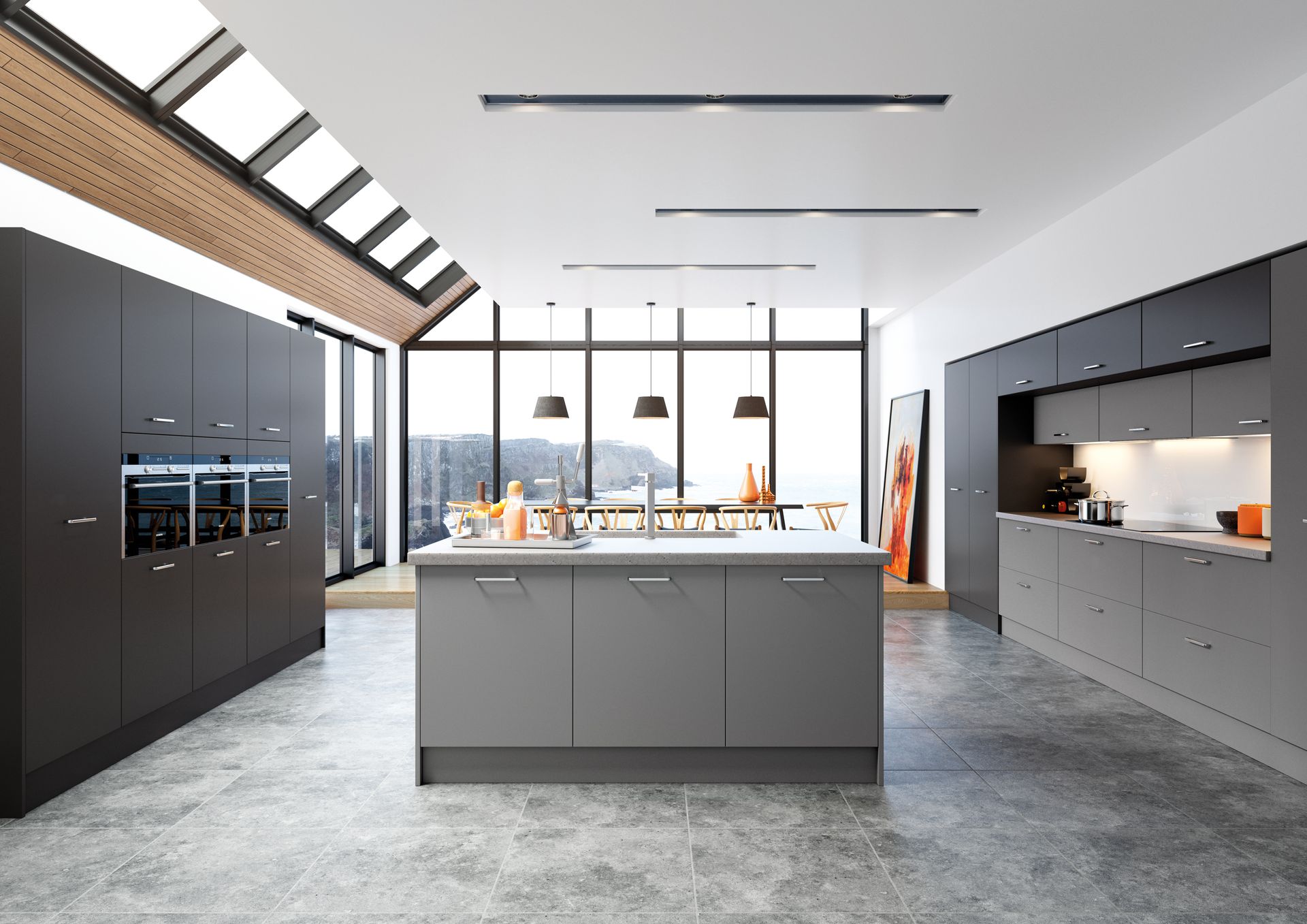 Modern kitchen with dark charcoal cabinetry, a light gray central island, and floor-to-ceiling windows overlooking nature.