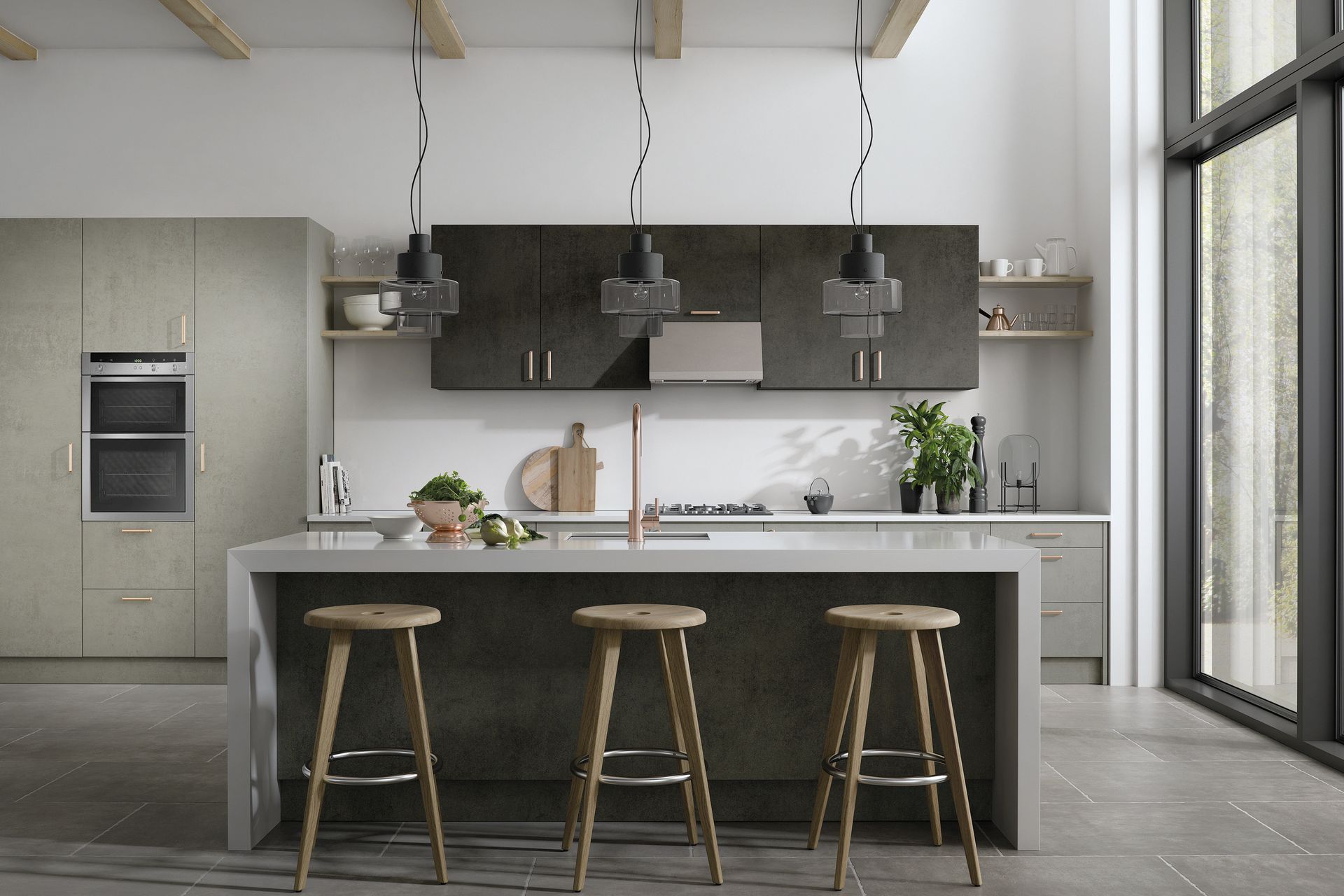 Modern kitchen featuring a central island with three wooden bar stools, dark cabinets, and large floor-to-ceiling windows.