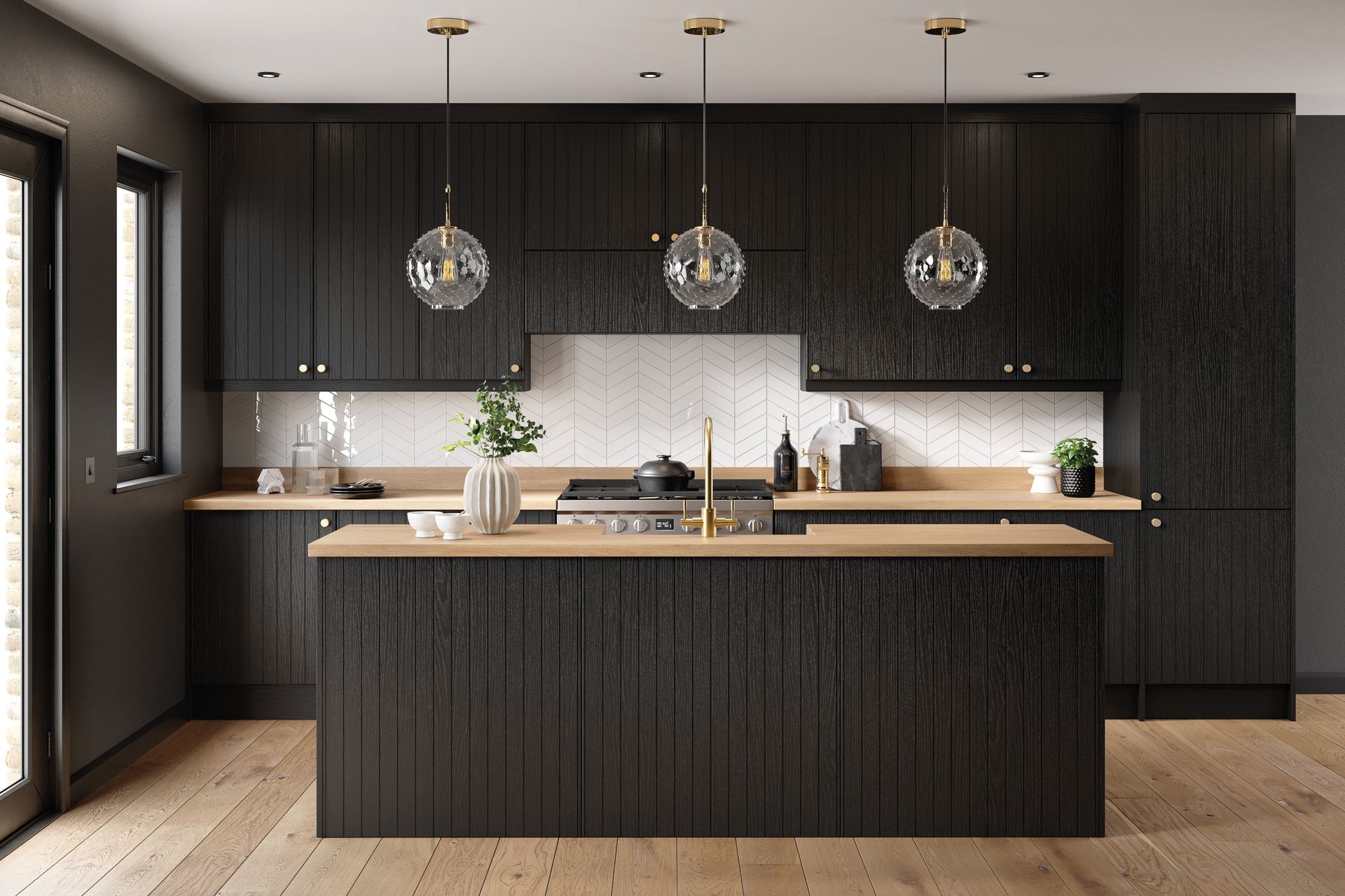 Modern kitchen with dark wood cabinets, a light wood island countertop, and three hanging globe pendant lights.