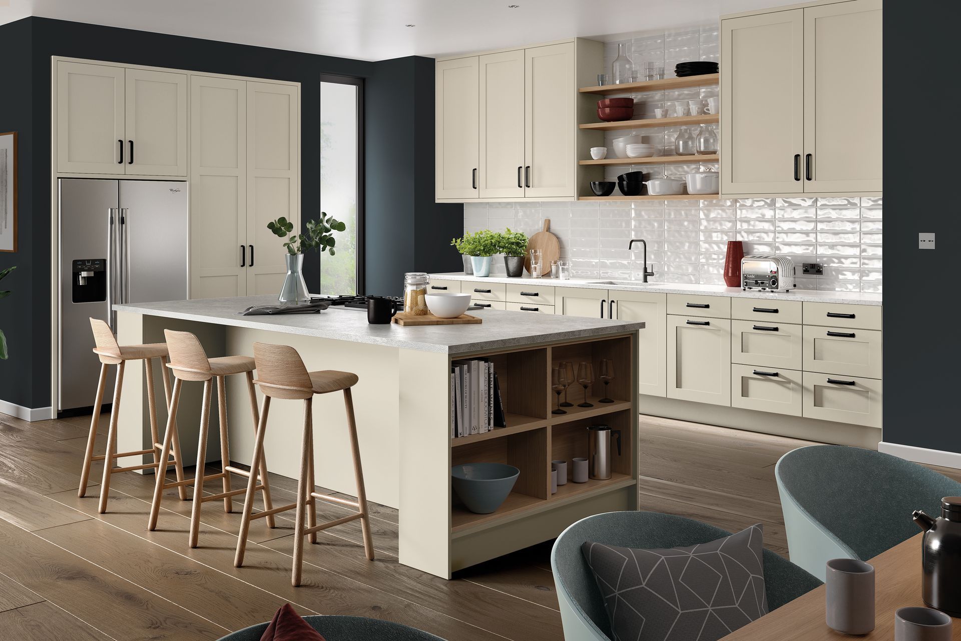 Modern kitchen with cream-colored cabinets, a central island with wood shelving, and dark accent walls.