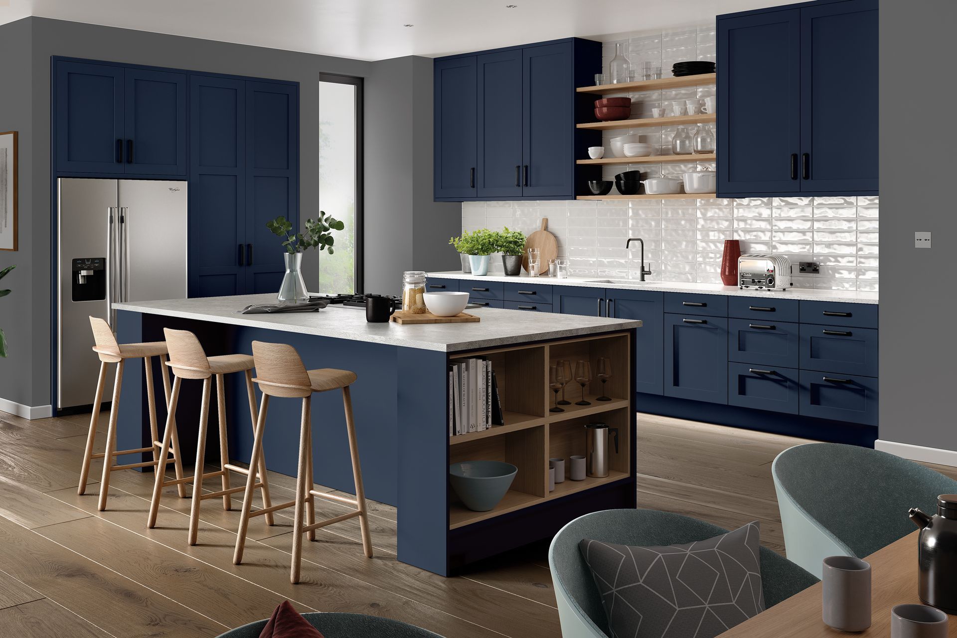 A modern kitchen with deep blue cabinets, a central island with wood shelving, light countertops, and three bar stools.