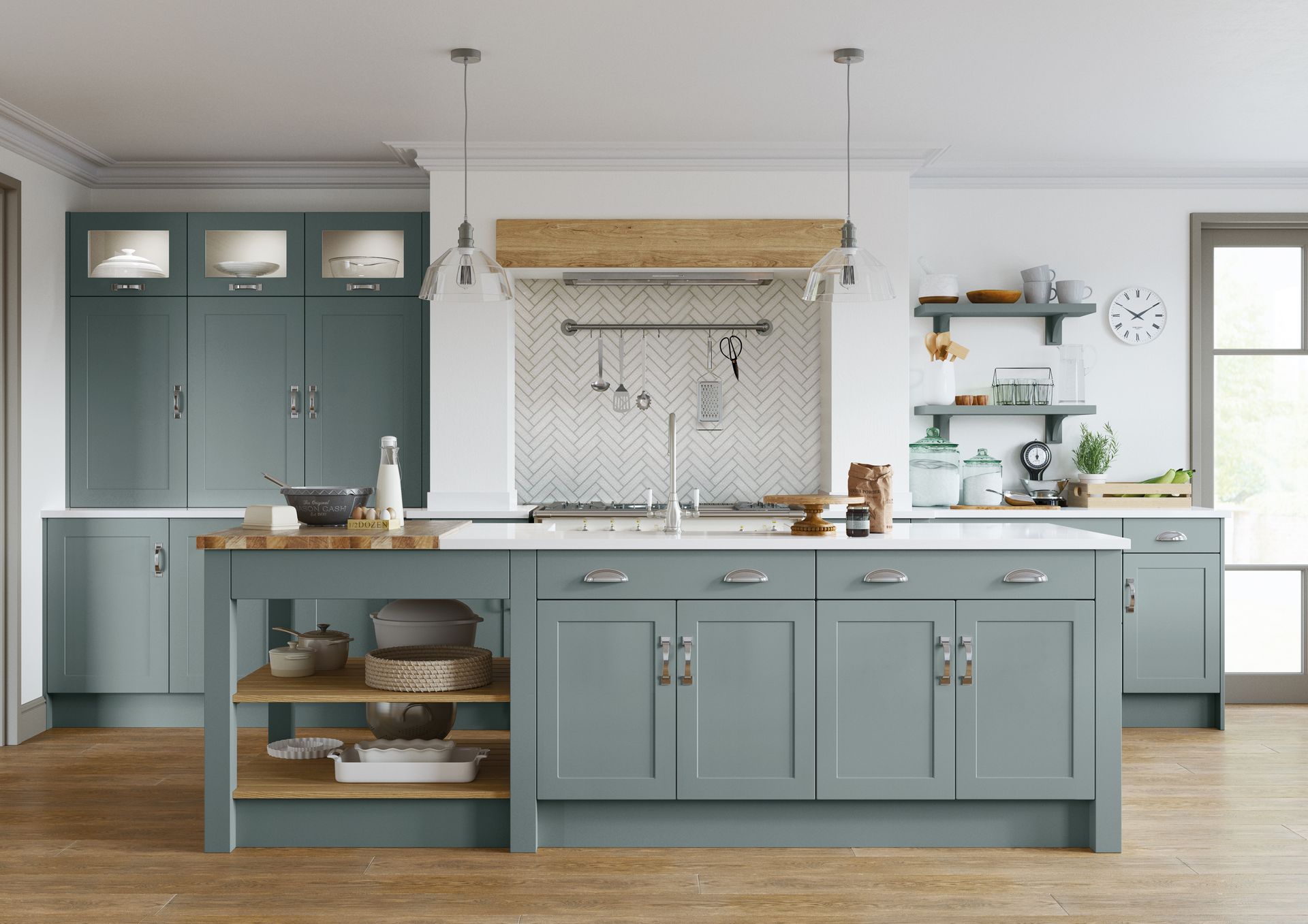 A blue-gray kitchen featuring a central island with wood open shelving, white countertops, and herringbone backsplash.