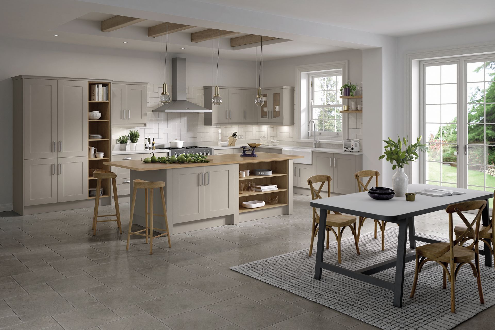 A modern, neutral-toned kitchen with a central island, wooden shelves, bar stools, and a dining area on a patterned rug.