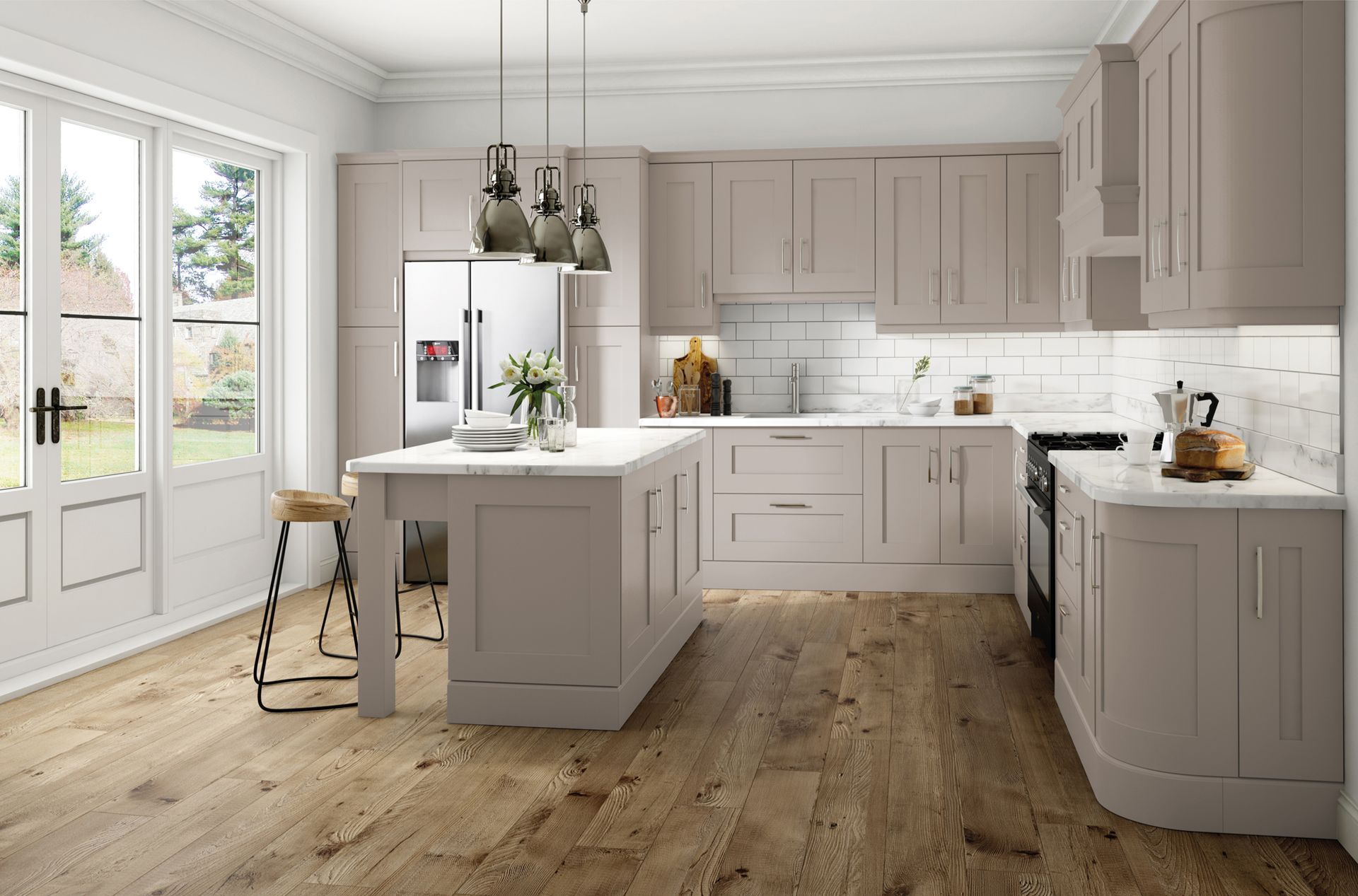 Modern kitchen with taupe cabinets, a central island, white countertops, and wooden flooring.