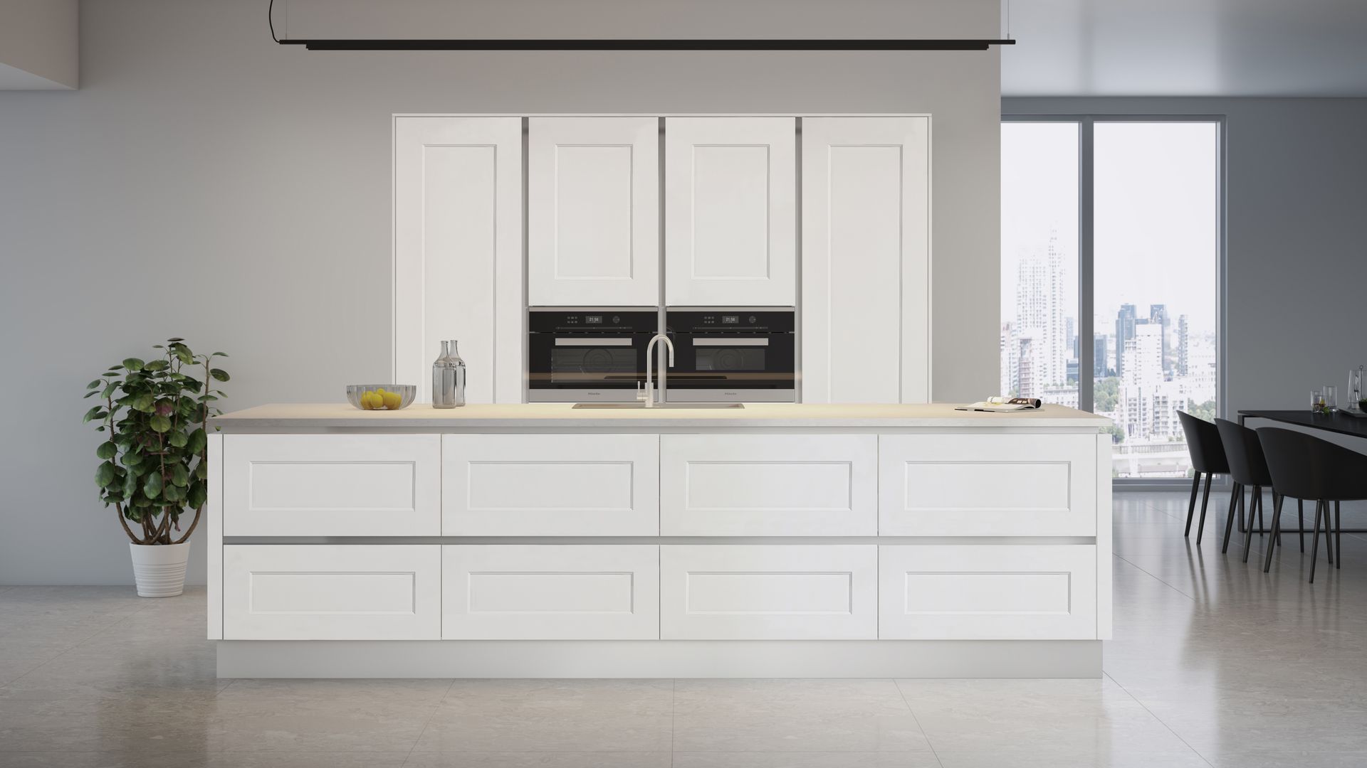 A white modern kitchen island with drawers stands in front of tall matching cabinets with built-in wall ovens.