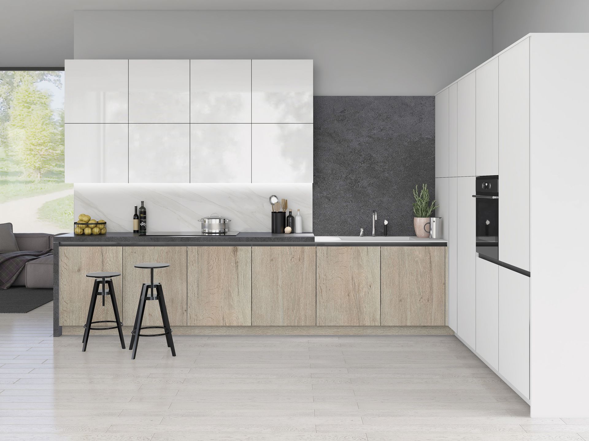 Modern kitchen with white glossy cabinets, light wood-toned base cabinets, black countertops, and two stools.