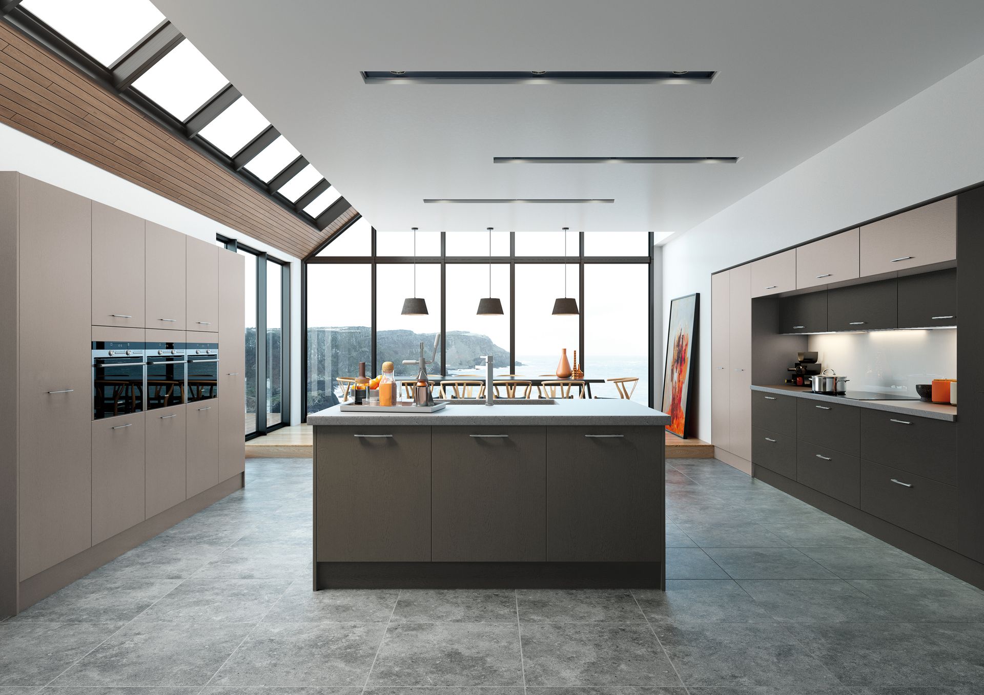 Modern kitchen with a central island, light-colored tall cabinets, and dark lower cabinets, featuring large windows.