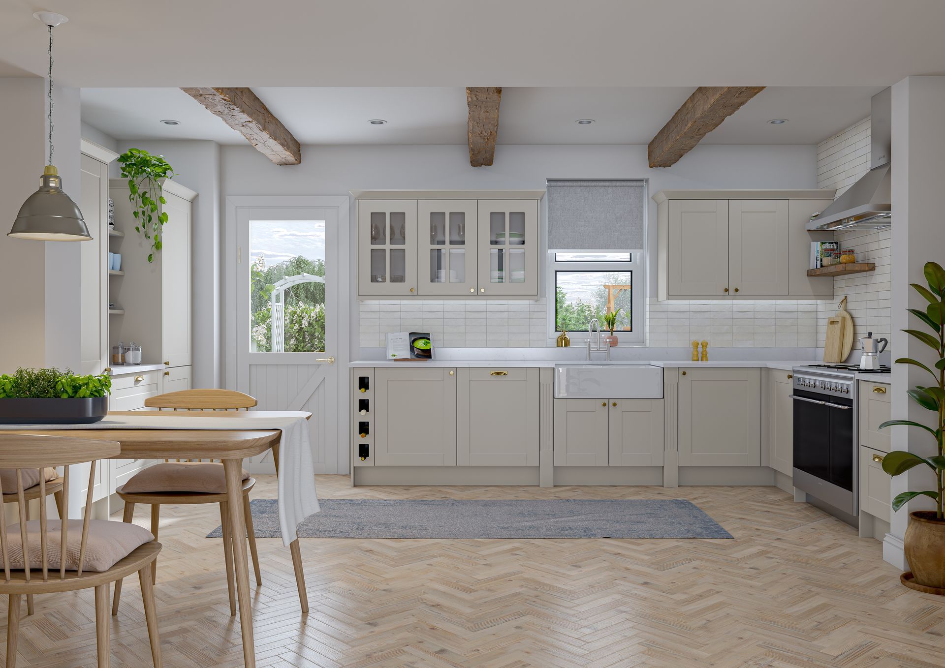 A bright, modern farmhouse kitchen with cream cabinetry, exposed wooden ceiling beams, and a light wood herringbone floor.