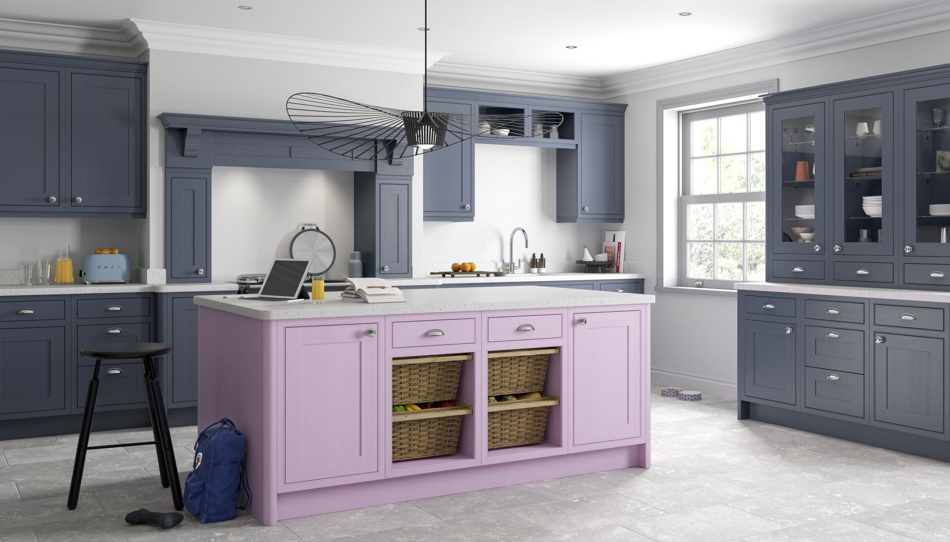 A modern kitchen with blue cabinetry and a central lilac kitchen island featuring open wicker storage baskets.