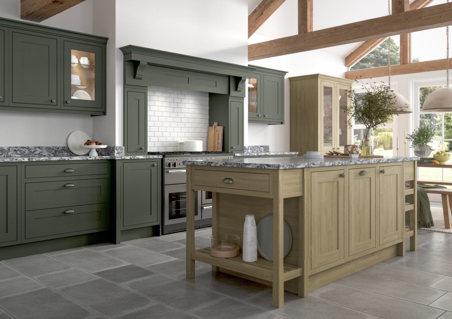 A spacious kitchen featuring olive-green cabinets, a light wood center island, stone flooring, and vaulted wood ceilings.